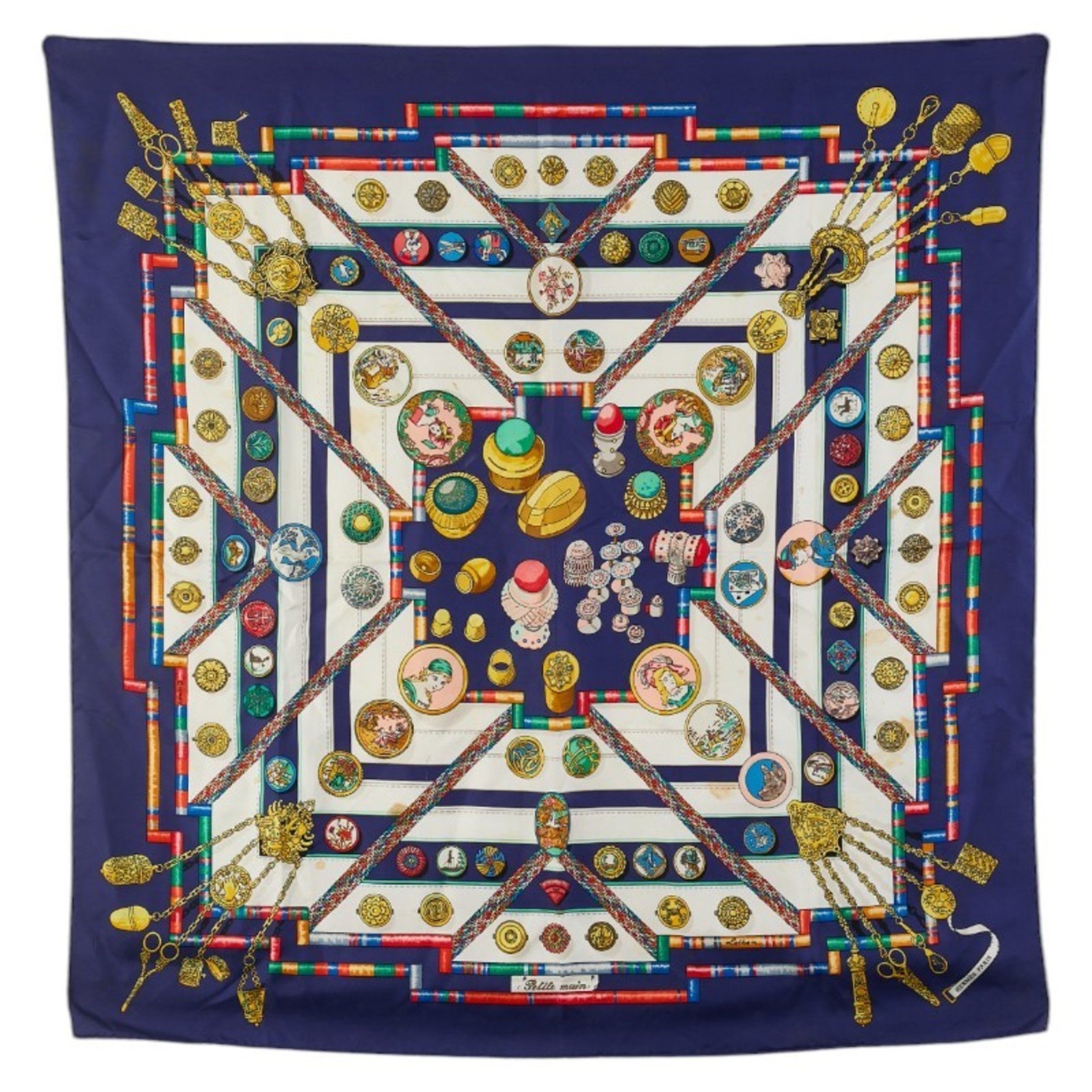 Hermes Carré 90 Pelile main seamstress scarf muffler navy multicolor silk