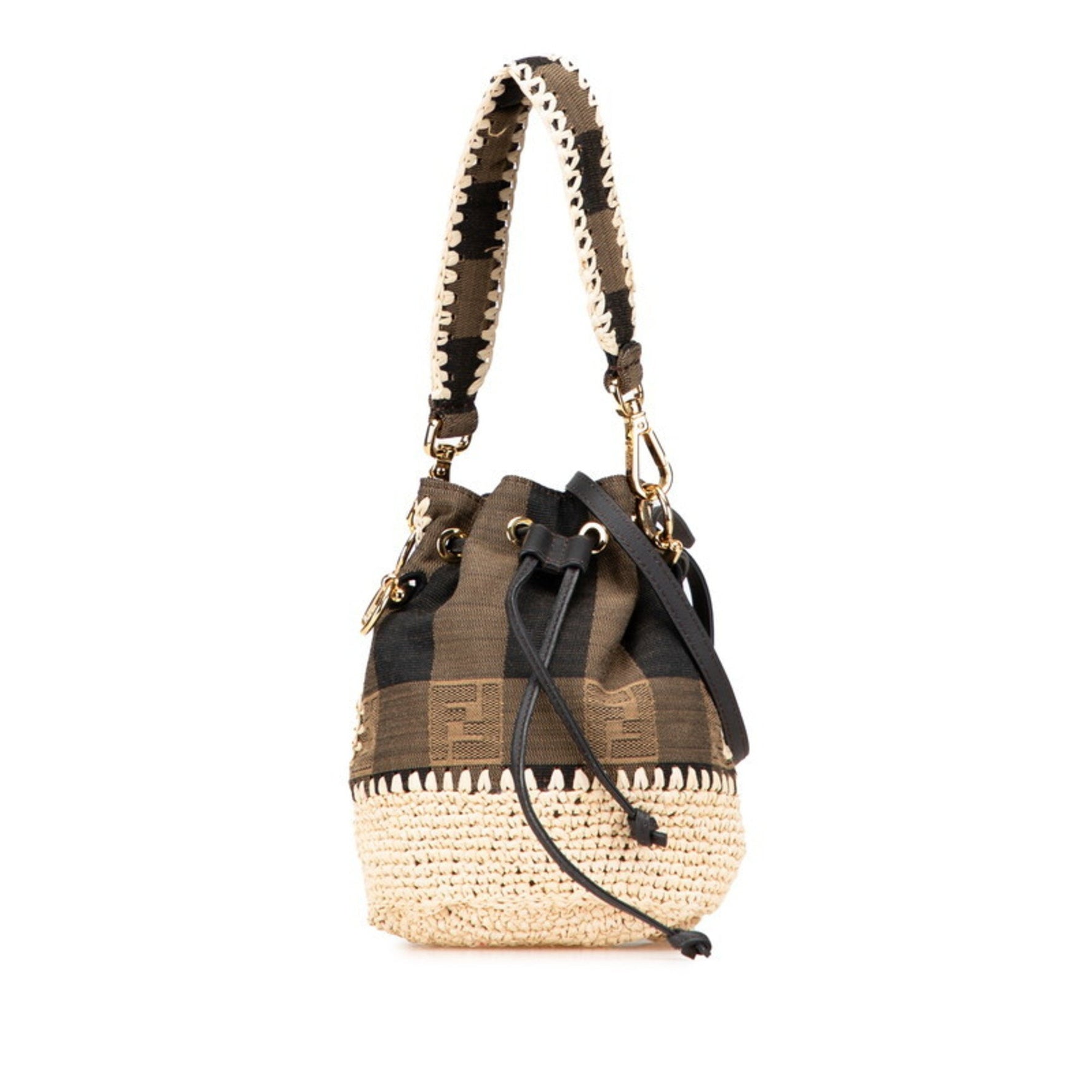 FENDI Pecan Mon Tresor Handbag/Shoulder Bag Black Beige Canvas Raffia