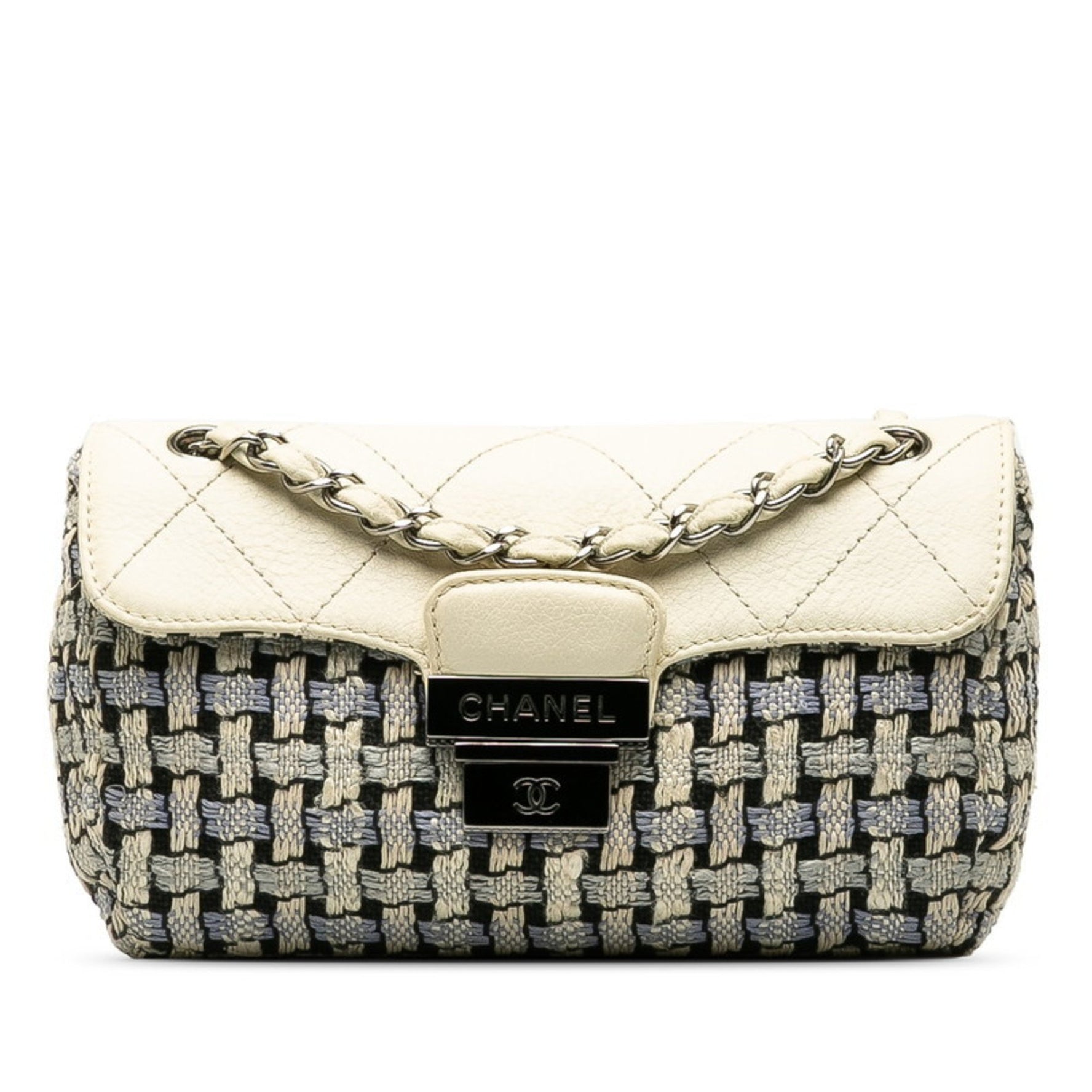 CHANEL Wild Stitch Coco Mark Tweed Chain Shoulder Bag Blue White Wool Leather
