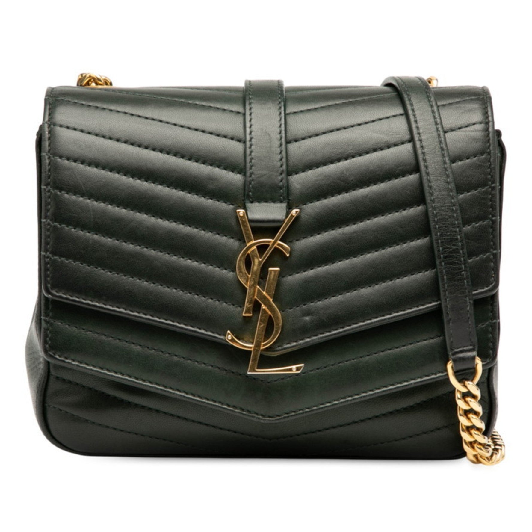 Saint Laurent logo chain shoulder bag in green and gold leather .