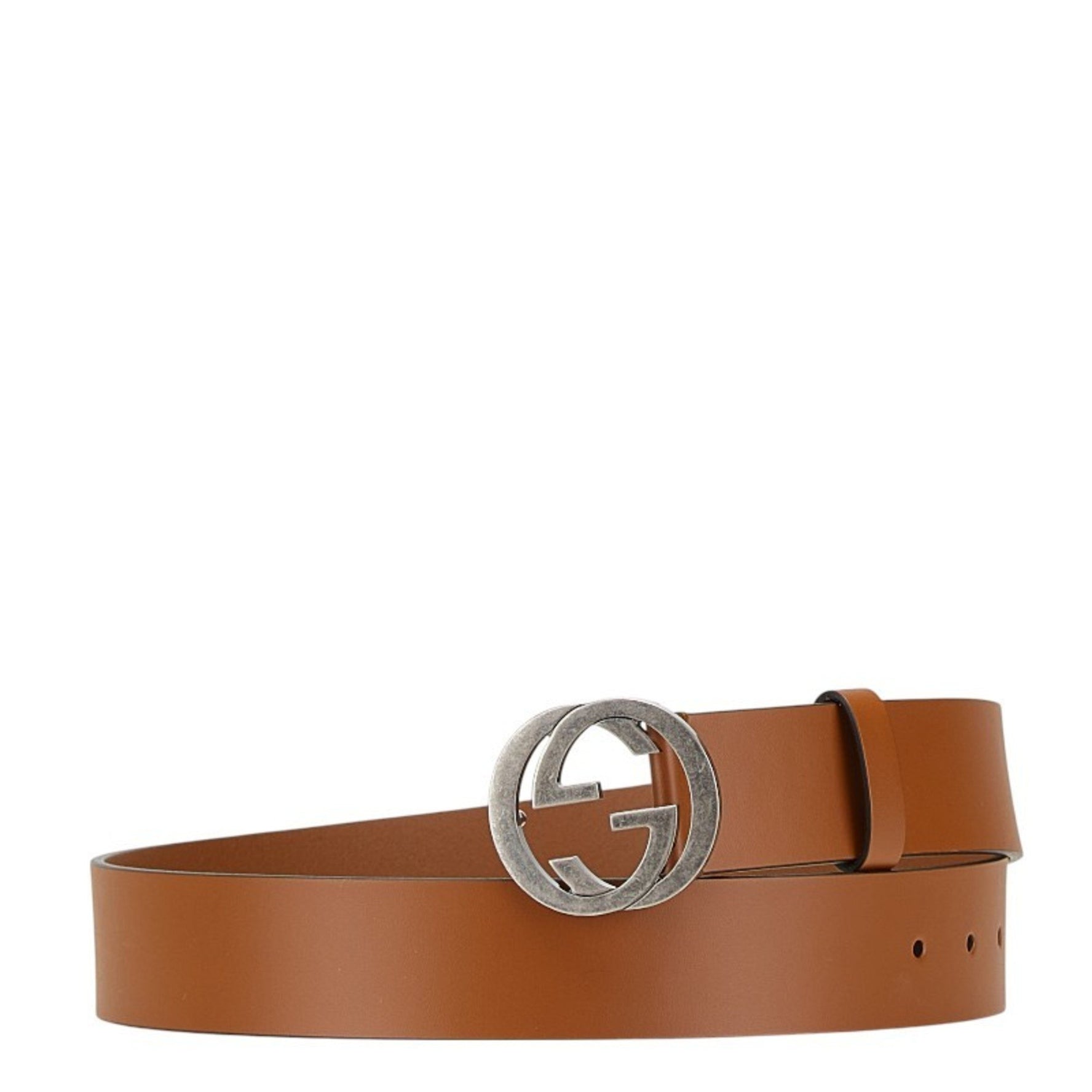 Gucci Interlocking G Belt 85.34 Brown Silver Leather Metal