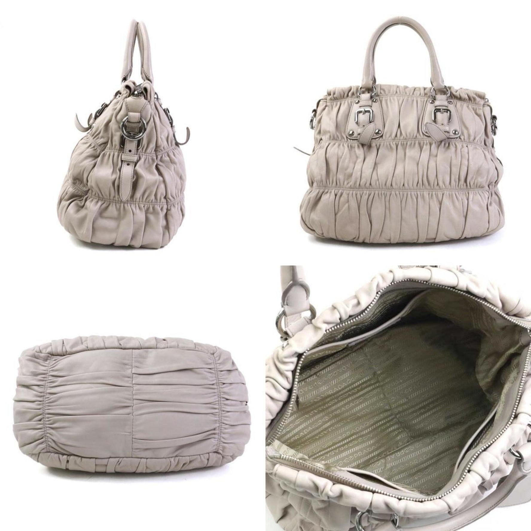 PRADA handbag shoulder bag leather beige silver ladies
