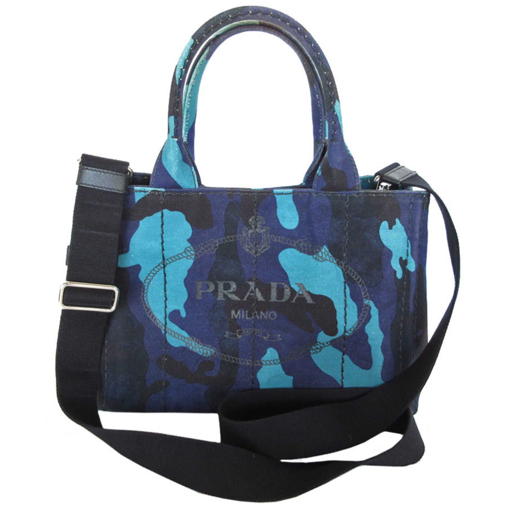 PRADA handbag shoulder bag canapa canvas navy black blue silver ladies
