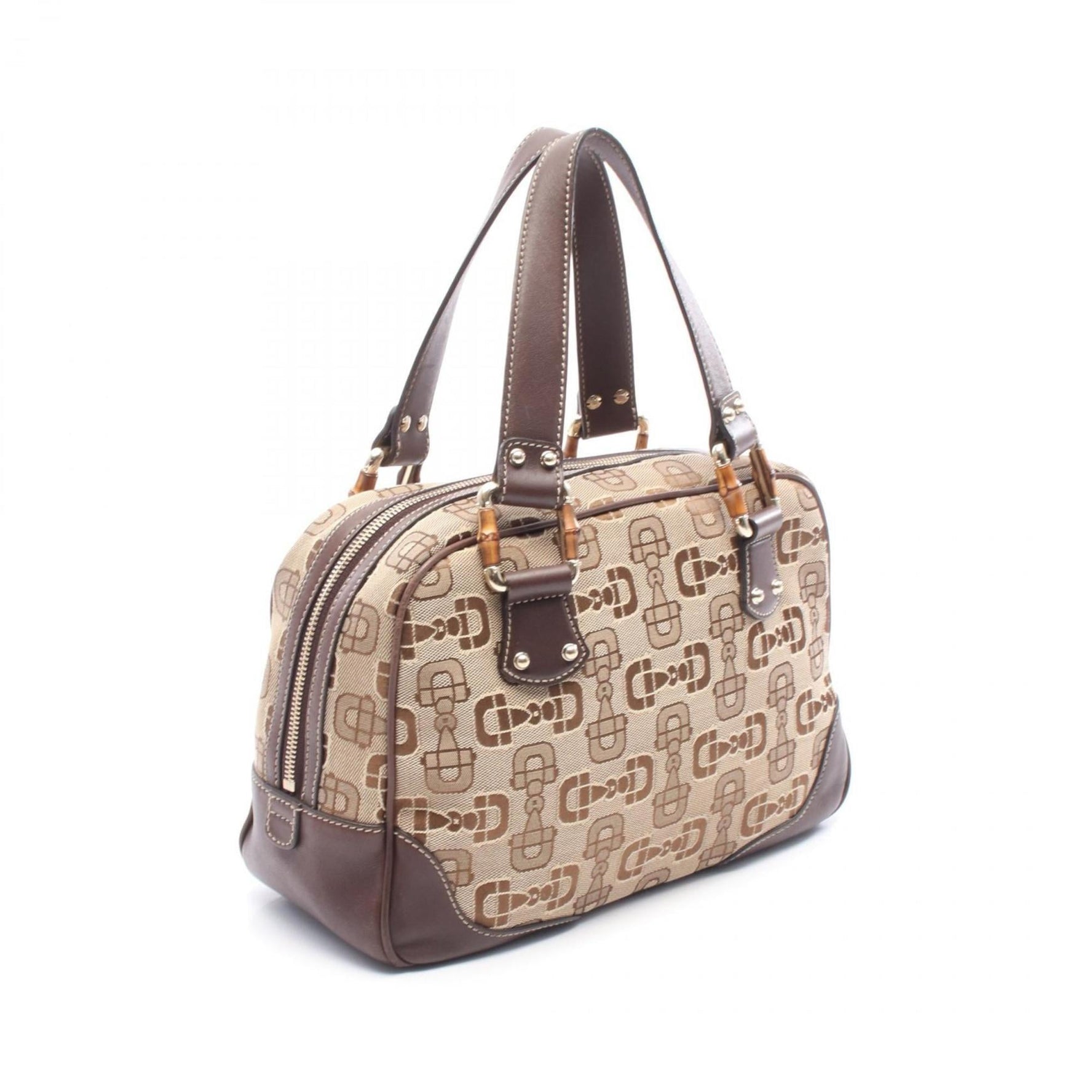 Gucci Bamboo Horsebit Mini Boston Bag, Canvas and Leather, Beige Brown