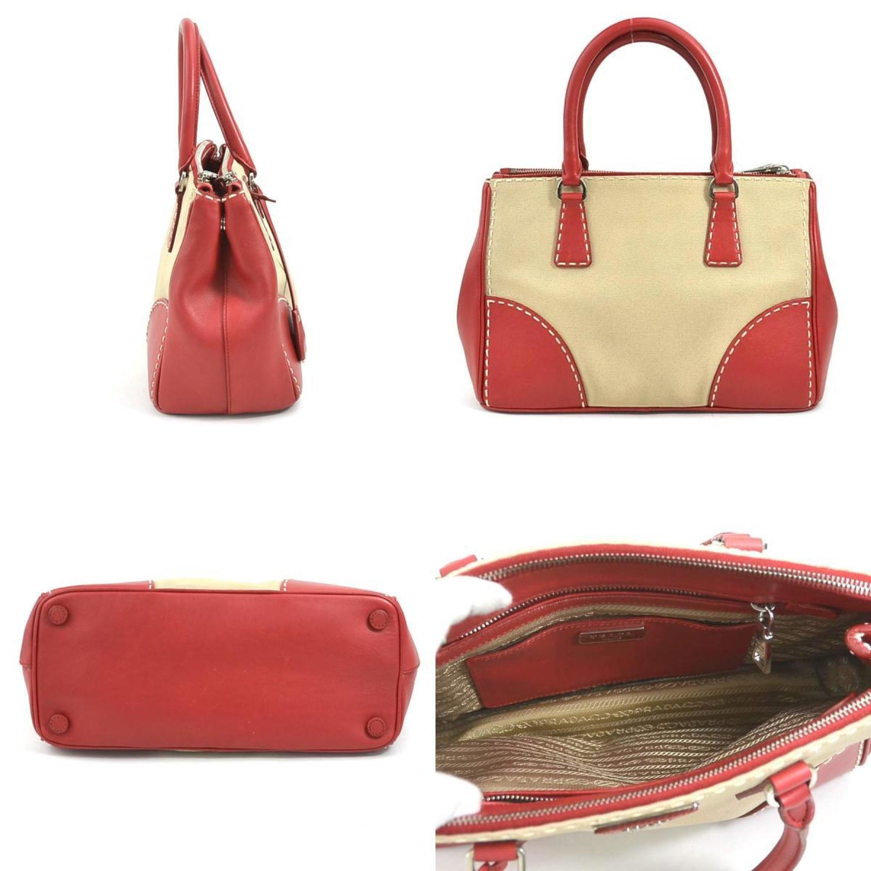 PRADA Handbag Crossbody Shoulder Bag Canvas/Leather Red x Beige