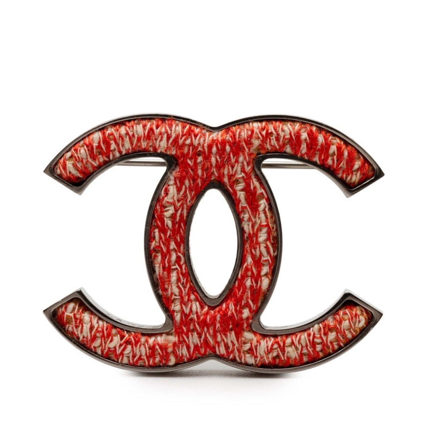 Chanel Coco Mark Brooch in Silver and Orange Metal Tweed