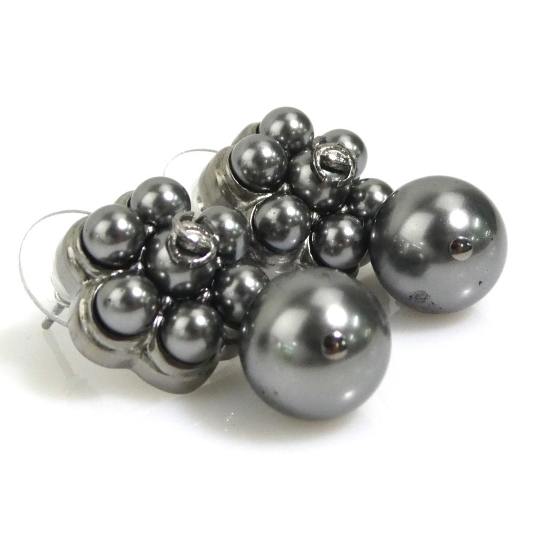 CHANEL Coco Mark Metal Faux Pearl Grey Silver Earrings