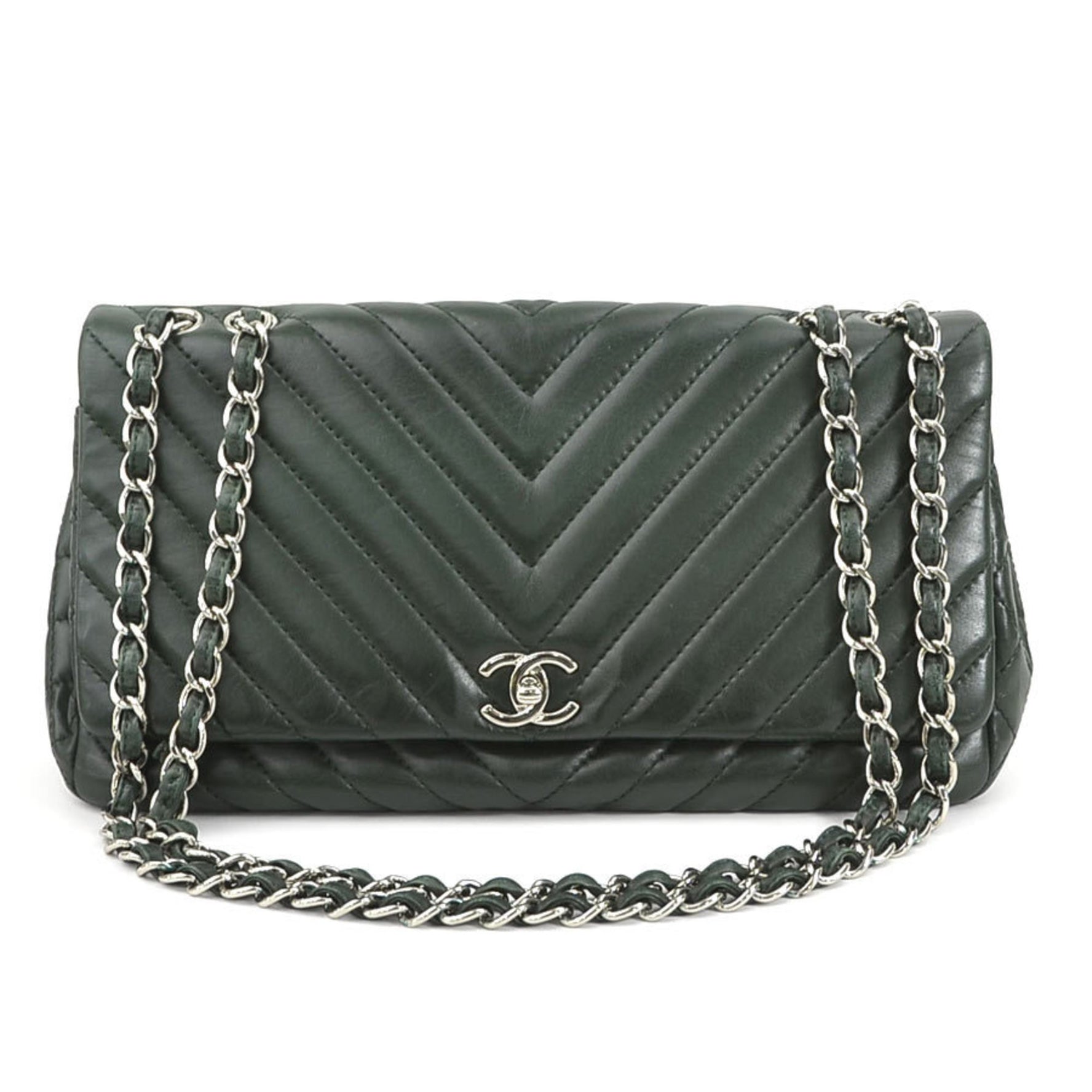 CHANEL Shoulder Bag V Stitch x Matelasse Leather Dark Green Silver