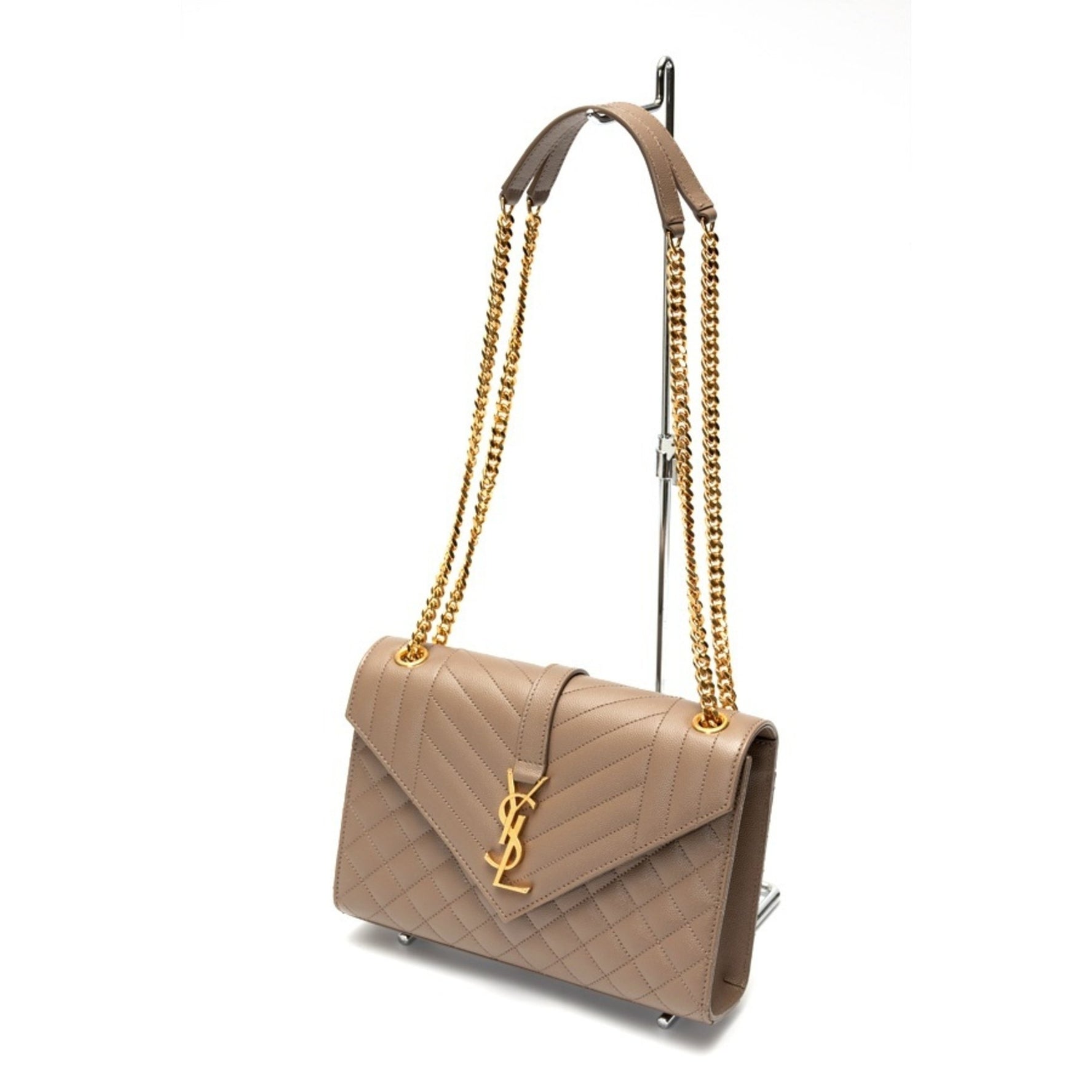 Saint Laurent Envelope Medium Chain Shoulder Bag Grain de Poudre Quilted Leather Greige