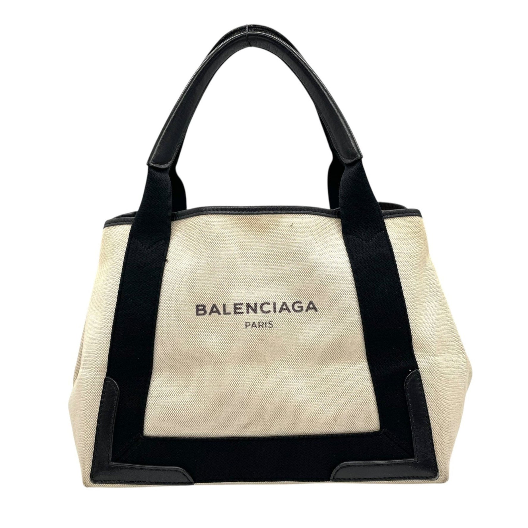 BALENCIAGA Cabas Handbag Tote Bag in White and Black Canvas with Leather Pouch