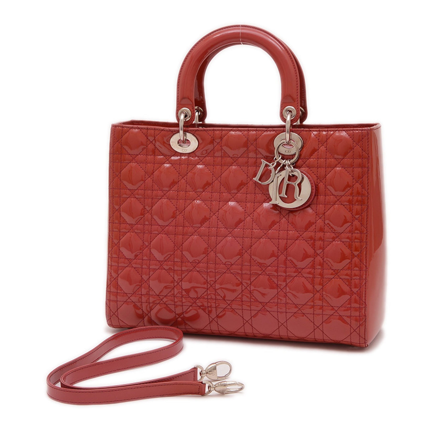 Christian Dior Dior Lady Cannage Large Bag Handbag Patent Red BP
