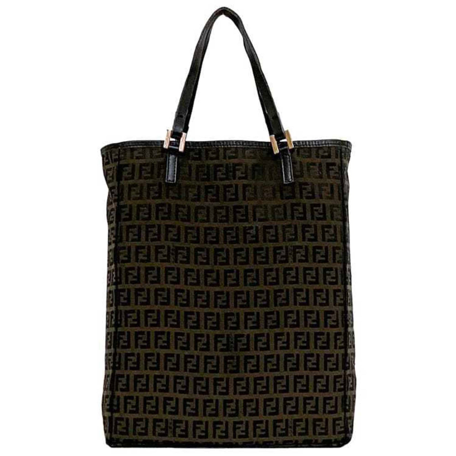 Fendi Tote Bag Brown Black Zucchino Canvas Leather FF