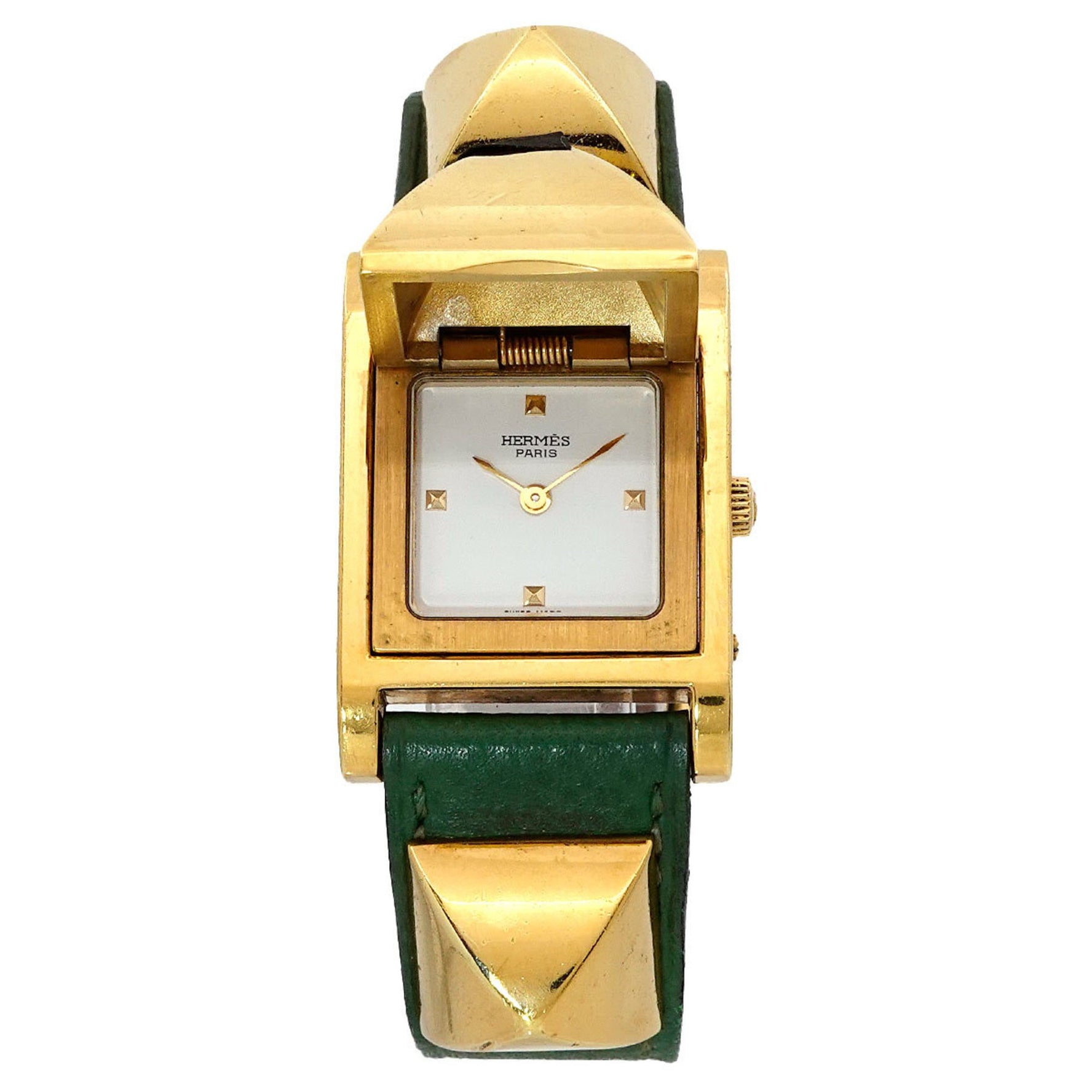 Hermes Medor Ladies Watch Pyramid Gold Studs White Green Leather Quartz