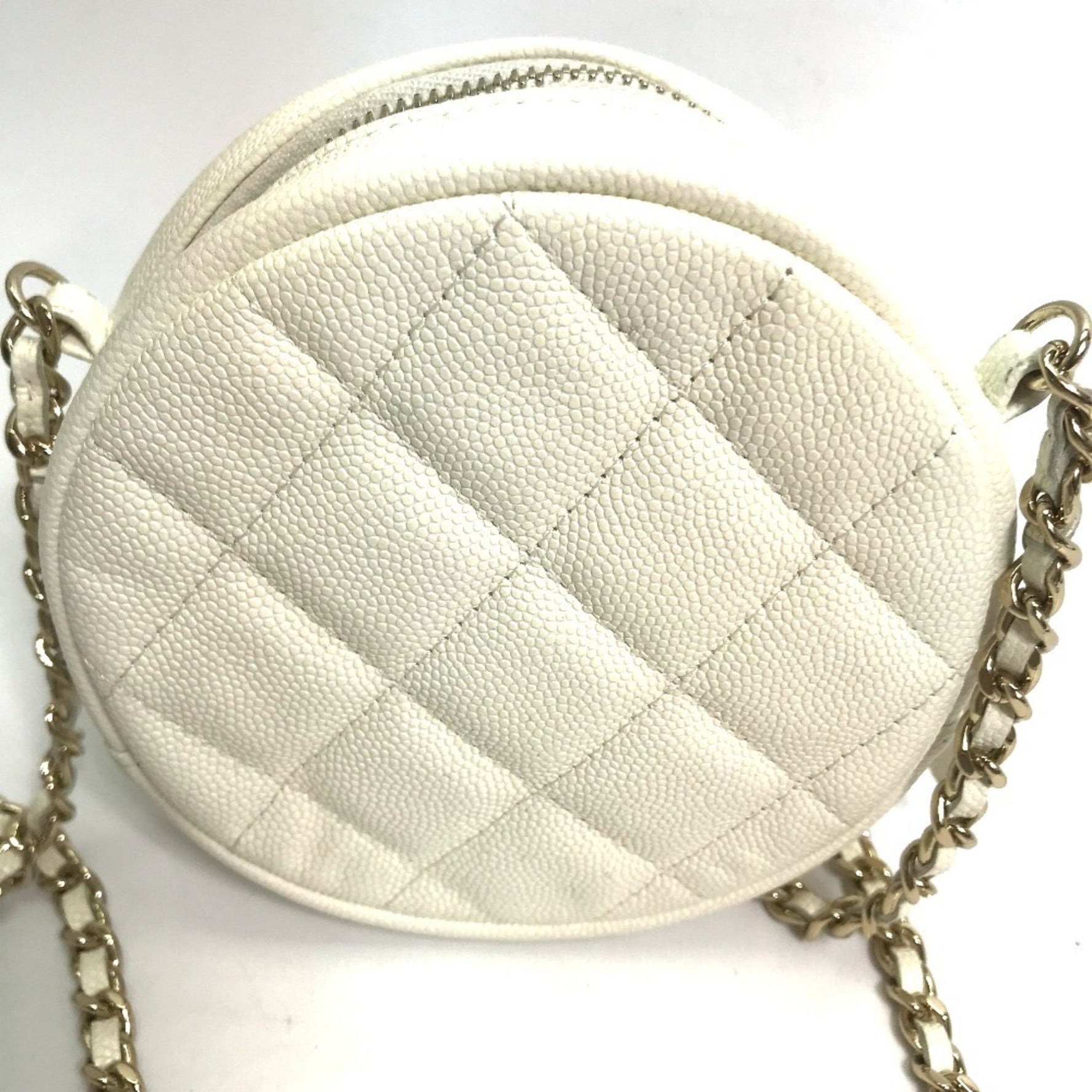 CHANEL CC Coco Mark Pochette Matelasse Quilted Round Chain Shoulder Bag in Caviar Leather, White