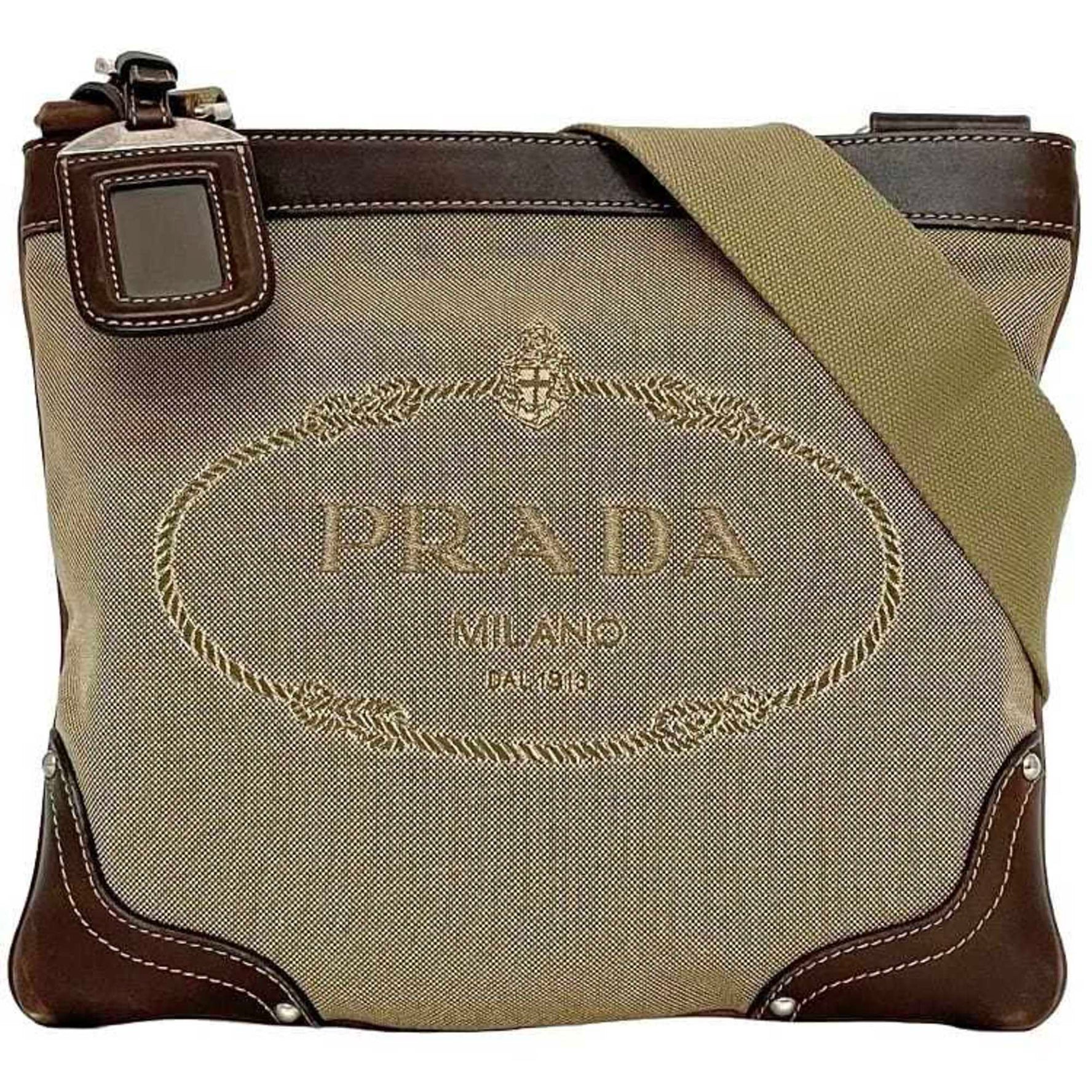Prada Shoulder Bag Beige Brown Jacquard Canvas Leather 134 Crossbody Sacoche
