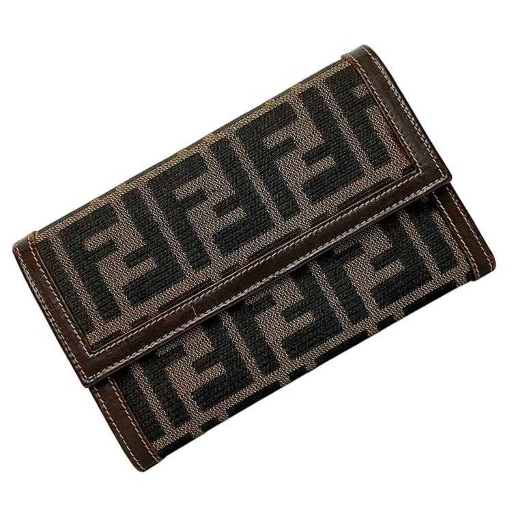 FENDI Trifold Wallet Khaki Brown Zucca 2266 078 FF Canvas Leather Compact Folding Unisex