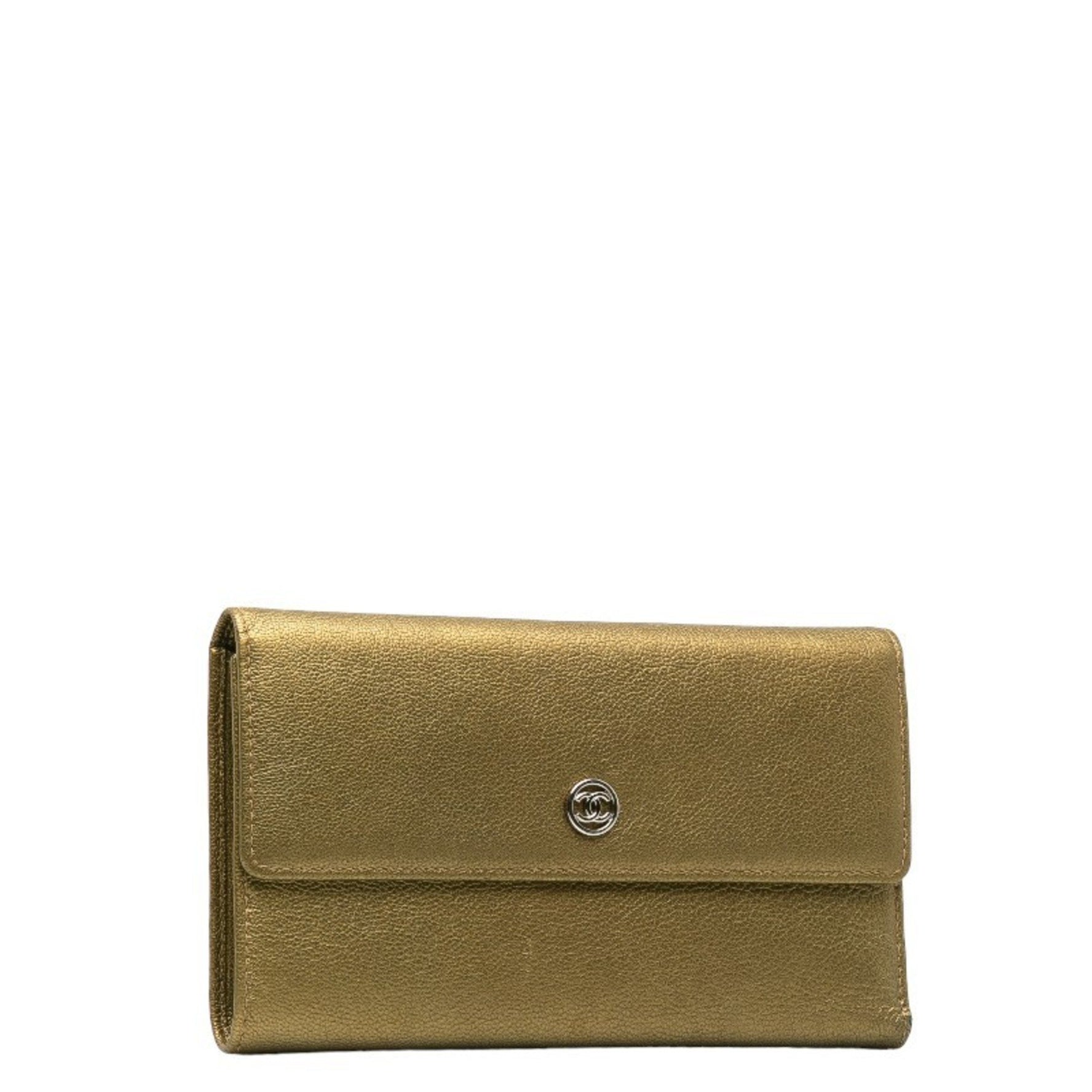 Chanel Coco Mark Tri-fold Wallet Long Metallic Khaki Leather