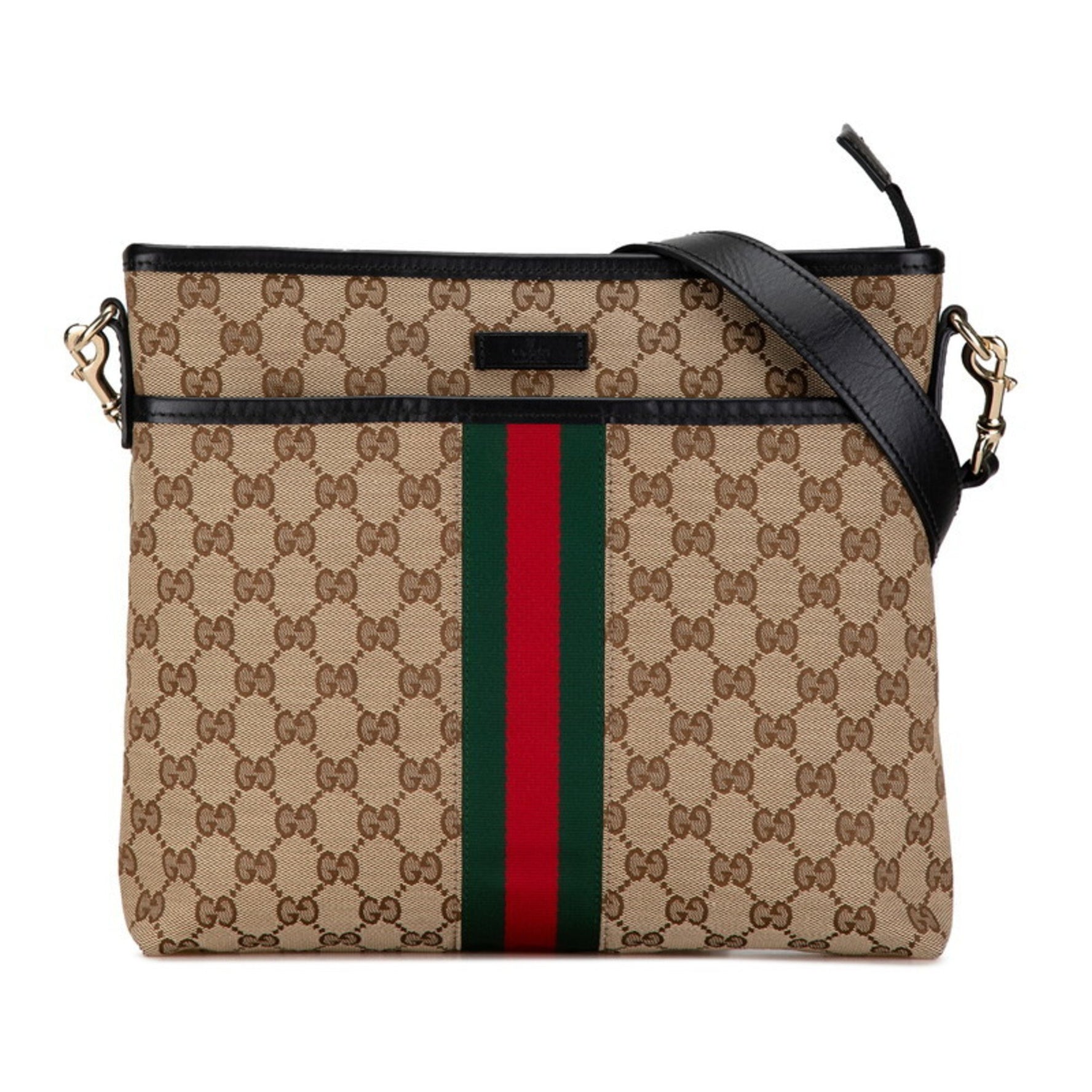 Gucci GG Canvas Sherry Line Shoulder Bag Beige Black Leather