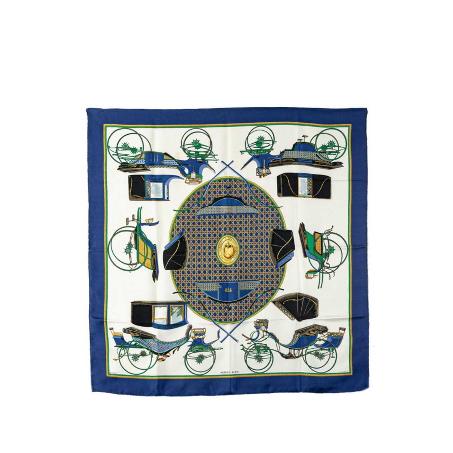 Hermes Hermès Carré 90 "Les Voitures a Transformation" Folding Wagon Scarf, White, Blue, Multicolor, Silk