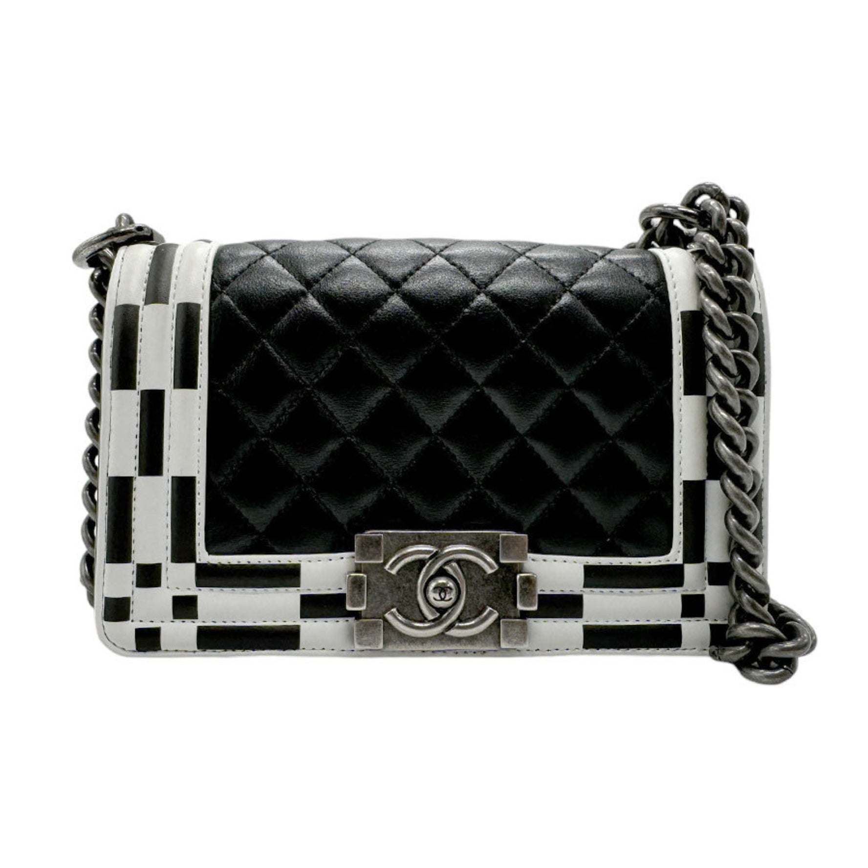 CHANEL Shoulder Bag Boy Leather Black White