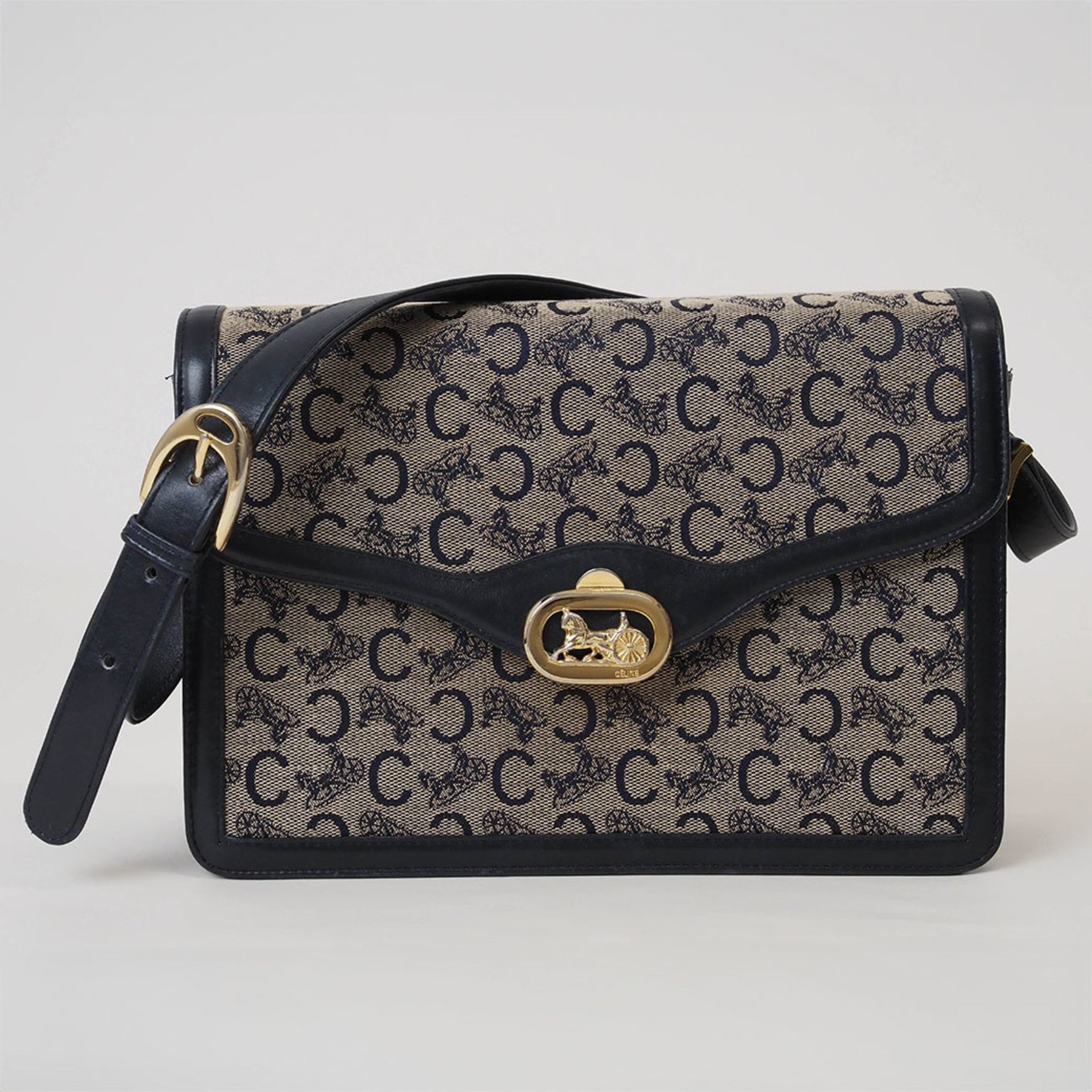 Celine Old Sulky Shoulder Bag Beige Navy Canvas Leather Carriage Hardware