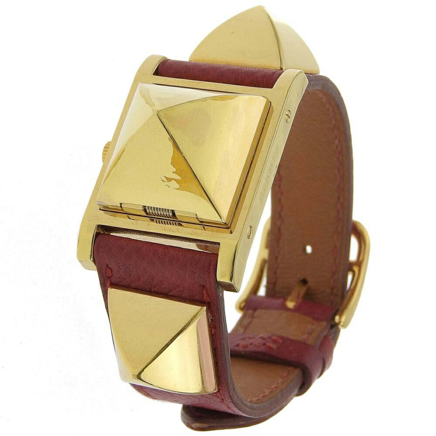 Hermes Medor Watch Gold Plated x Leather 1996 Wine Red ○Z Quartz Analog Display White Dial Ladies