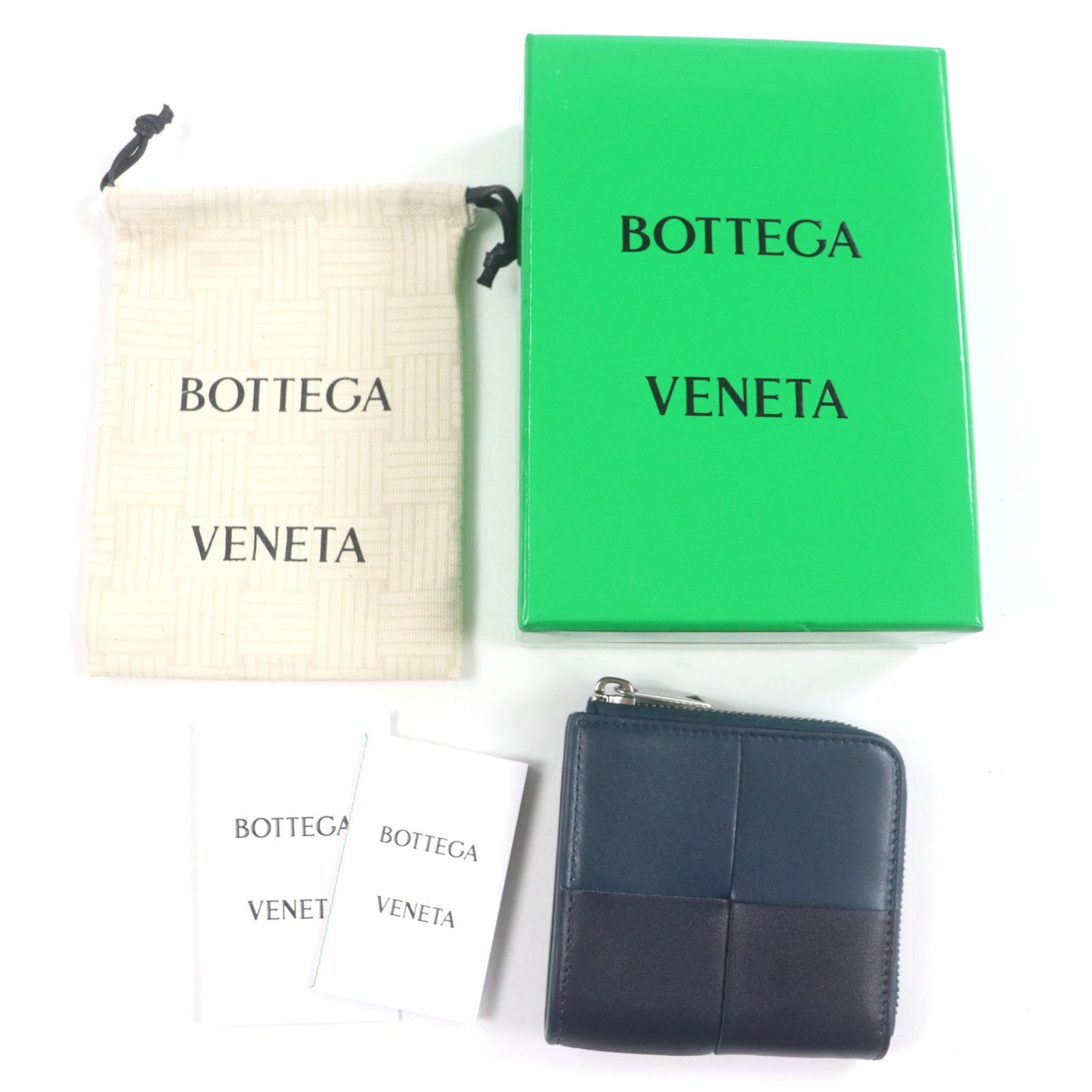 BOTTEGA VENETA Japan-exclusive Cassette Square Compact Zip Around Leather Wallet, Two-tone, Navy and Black, Silver Hardware, Box Dust Bag Included, Made in Italy