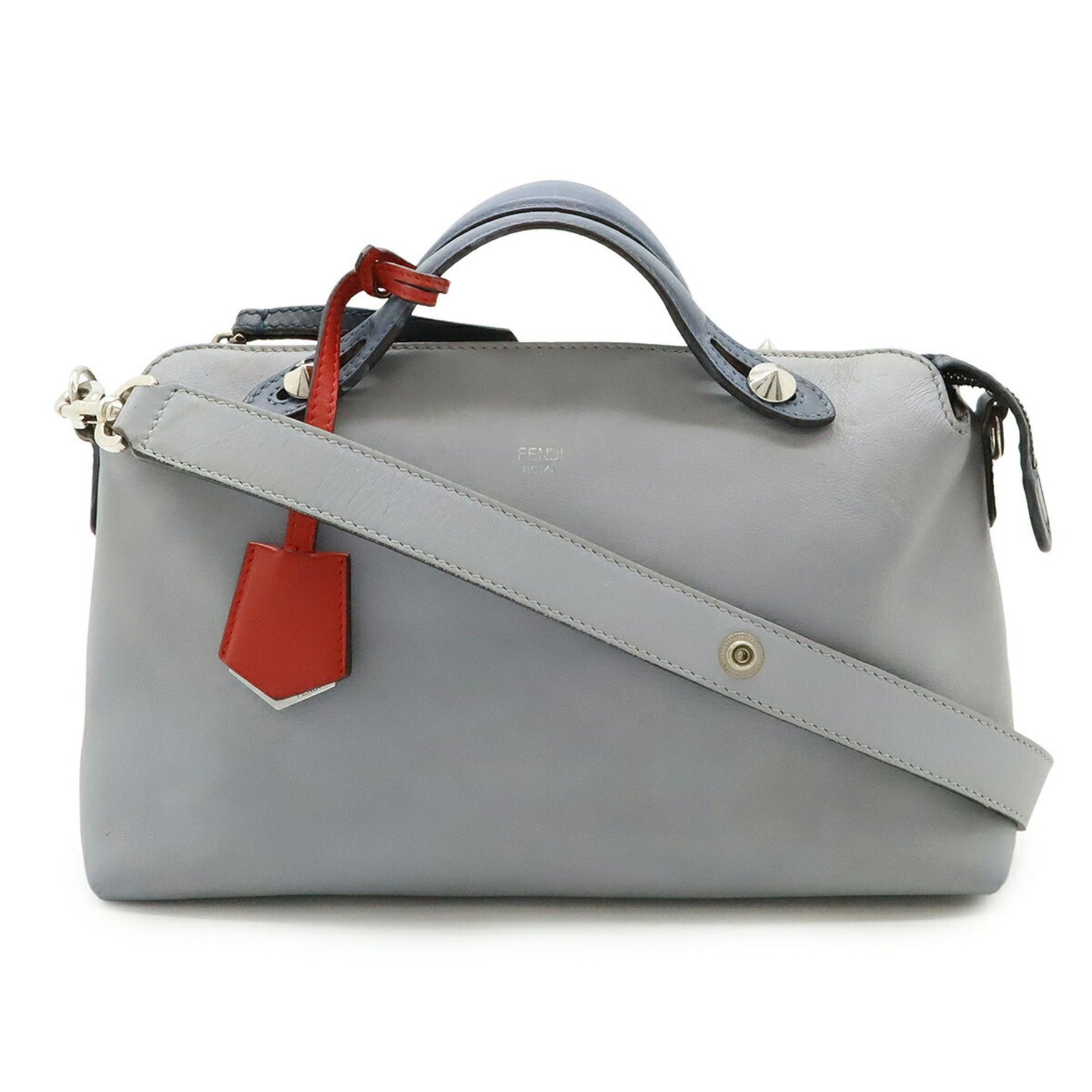 FENDI BY THE WAY Medium Handbag/Shoulder Bag in Leather, Blue-Gray with Dusty Blue and Red