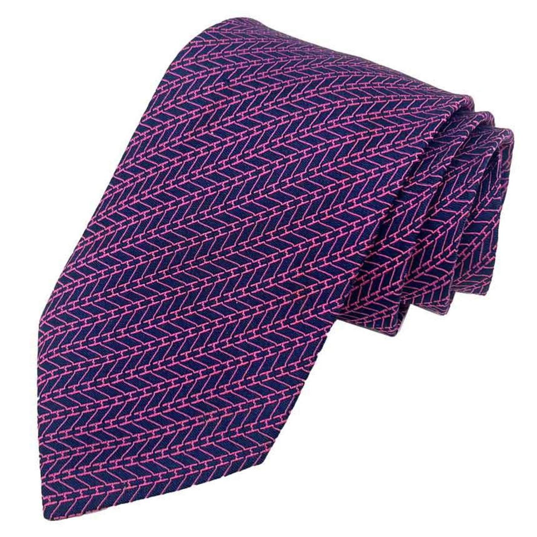 Hermes tie H pattern 100% silk navy x pink