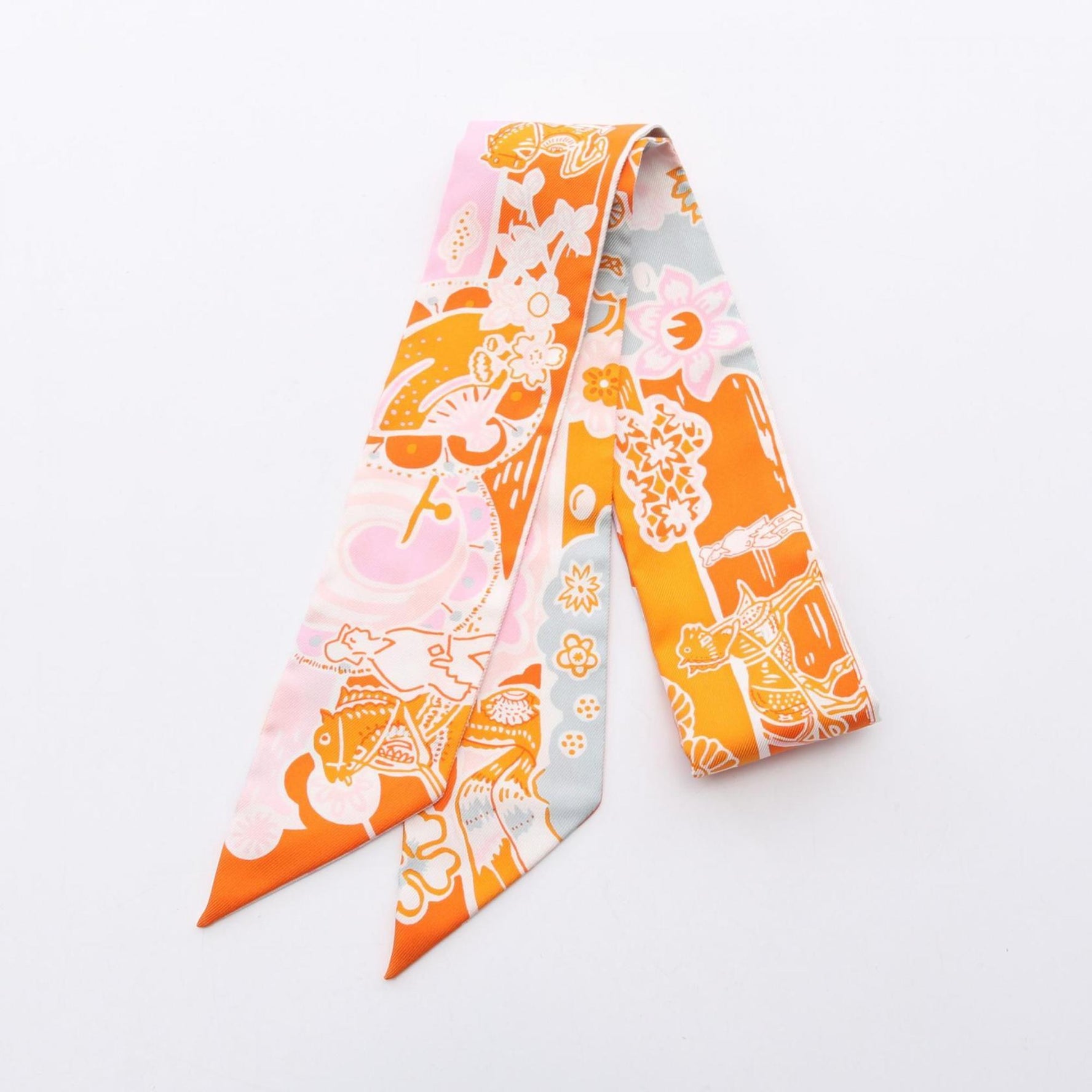 Hermes Twilly BINGATA Scarf Silk Orange Pink Multicolor