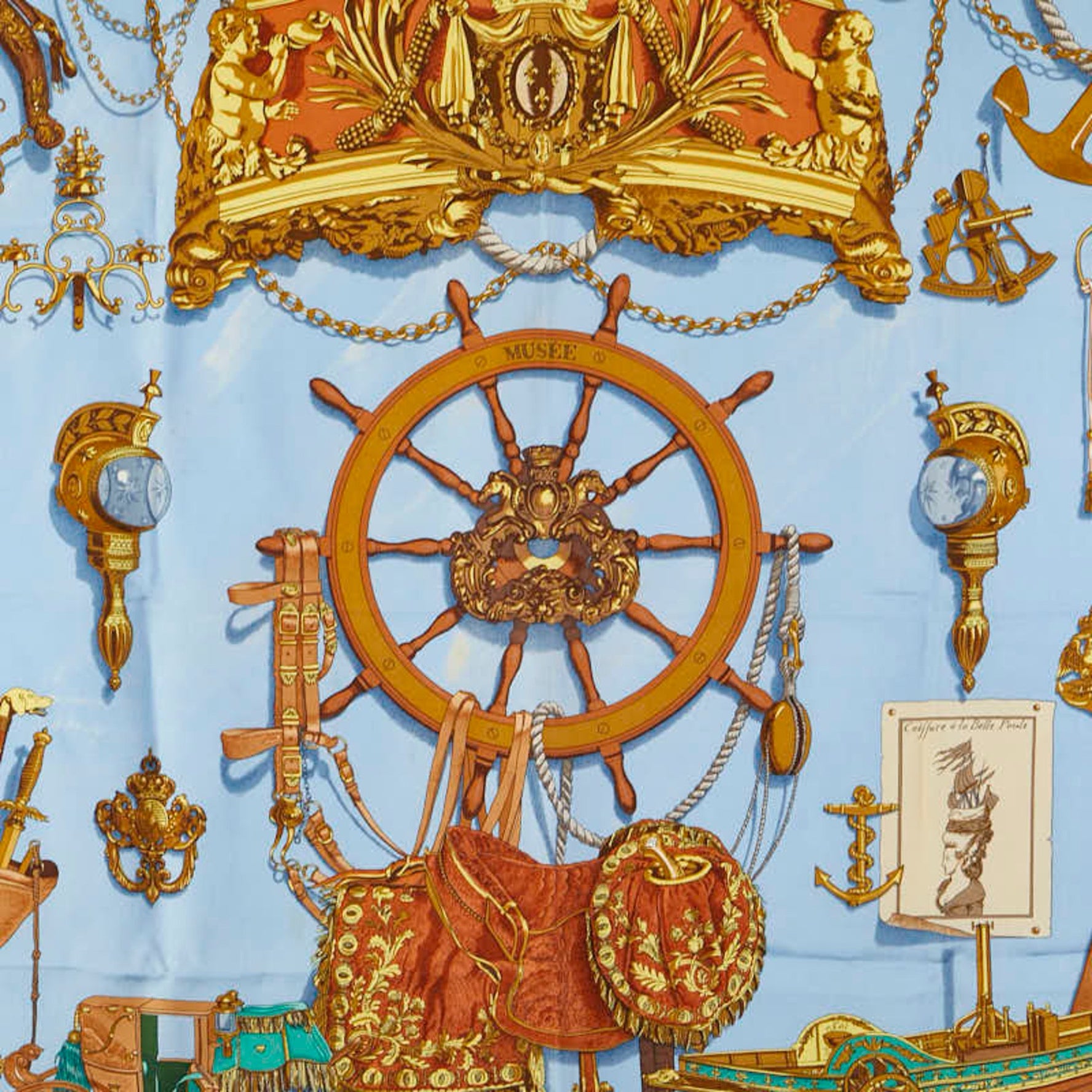 Hermes Hermès Carré 90 "BATEAU A VAPEUR DE JOUFFROY DABBANS 1784" Steamship Scarf, Blue, Brown, Multicolor, Silk