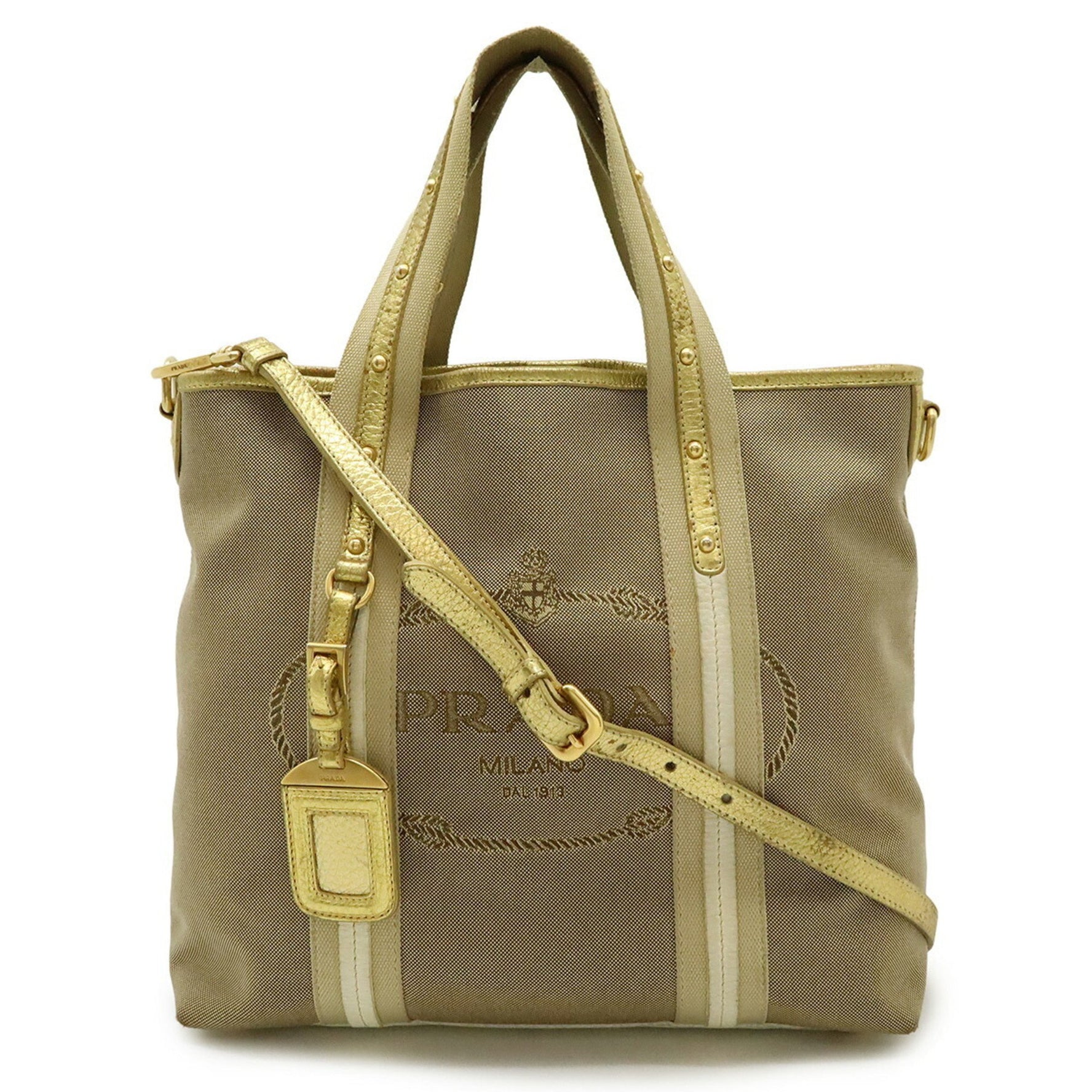 PRADA Jacquard Tote Bag Shoulder Canvas Metallic Leather Khaki Beige Gold