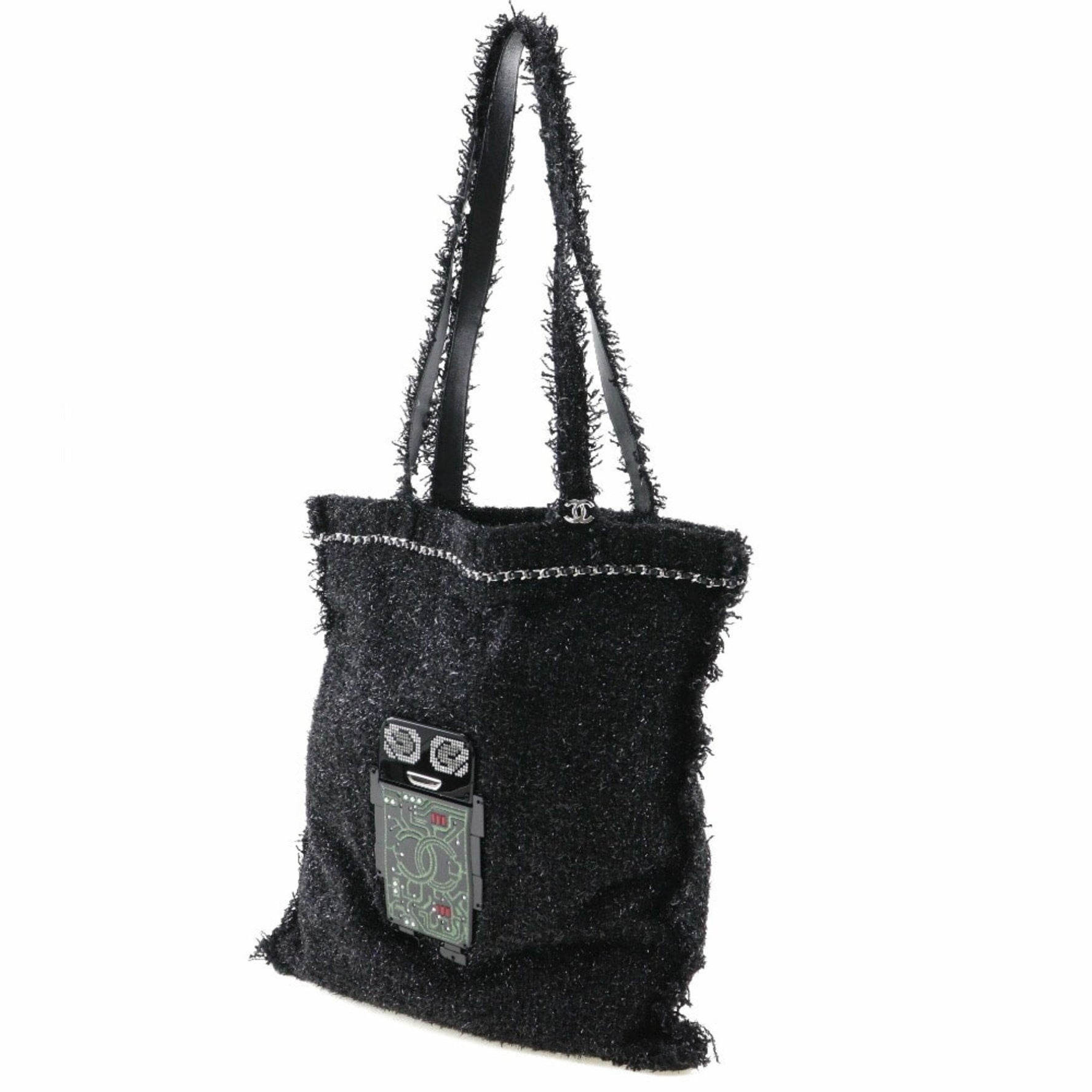 CHANEL Robot Tote Bag Cocomark Tweed Black/Silver Hardware Unisex
