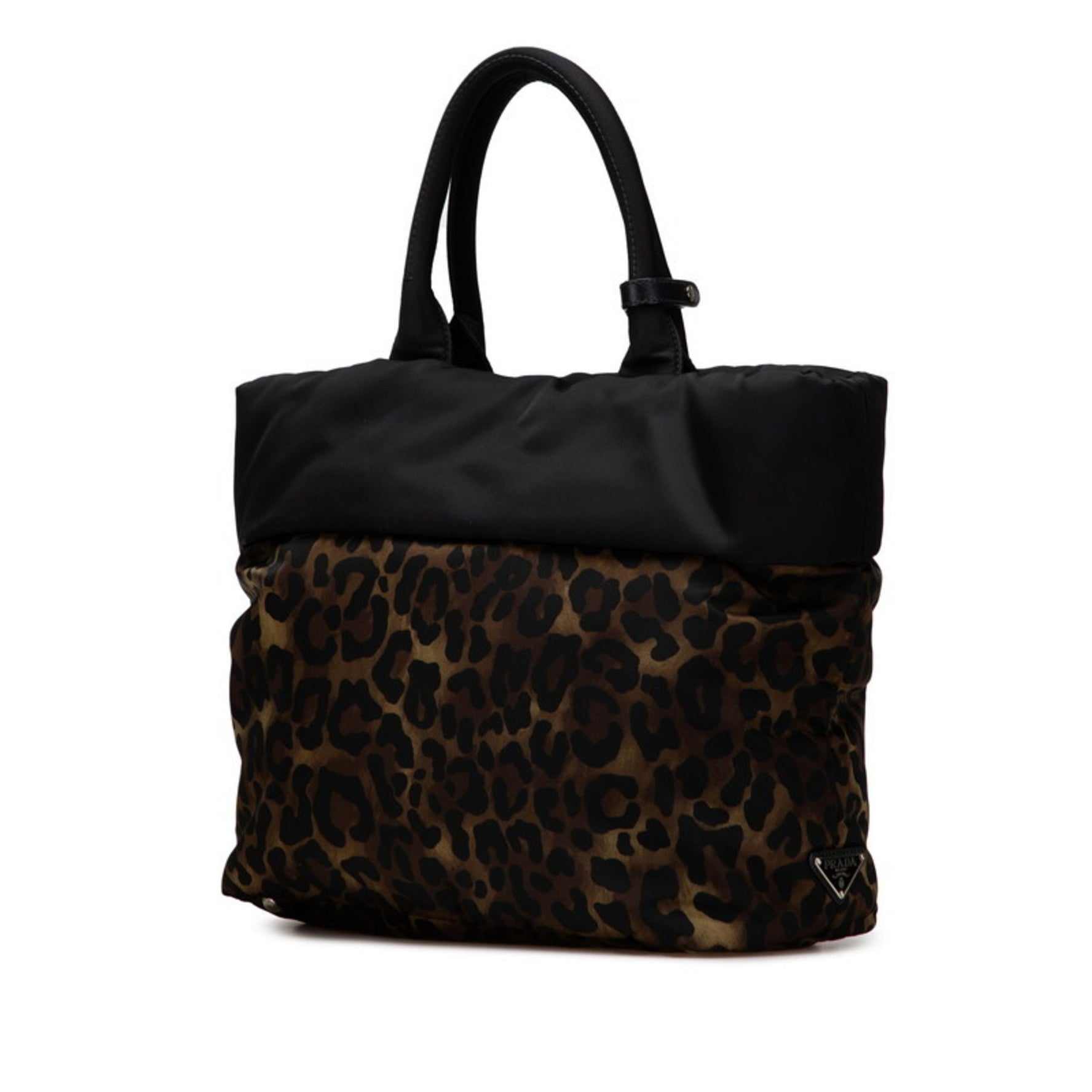 Prada Triangle Logo Plate Leopard Print Reversible Handbag/Shoulder Bag, Khaki Green/Black Nylon