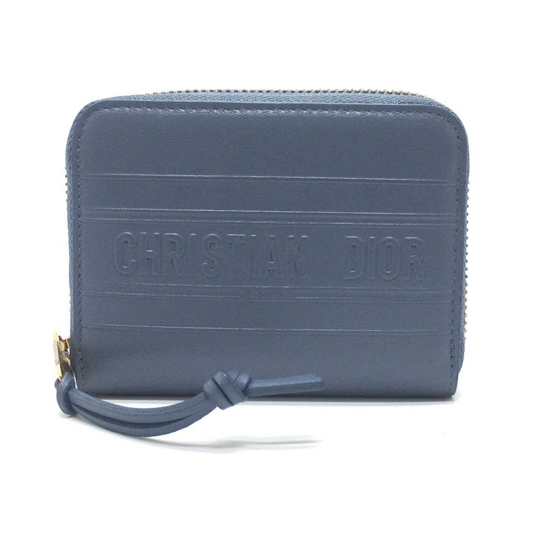 Christian Dior Dior Striped Wallet Round Zipper Coin Case Leather Ladies Denim
