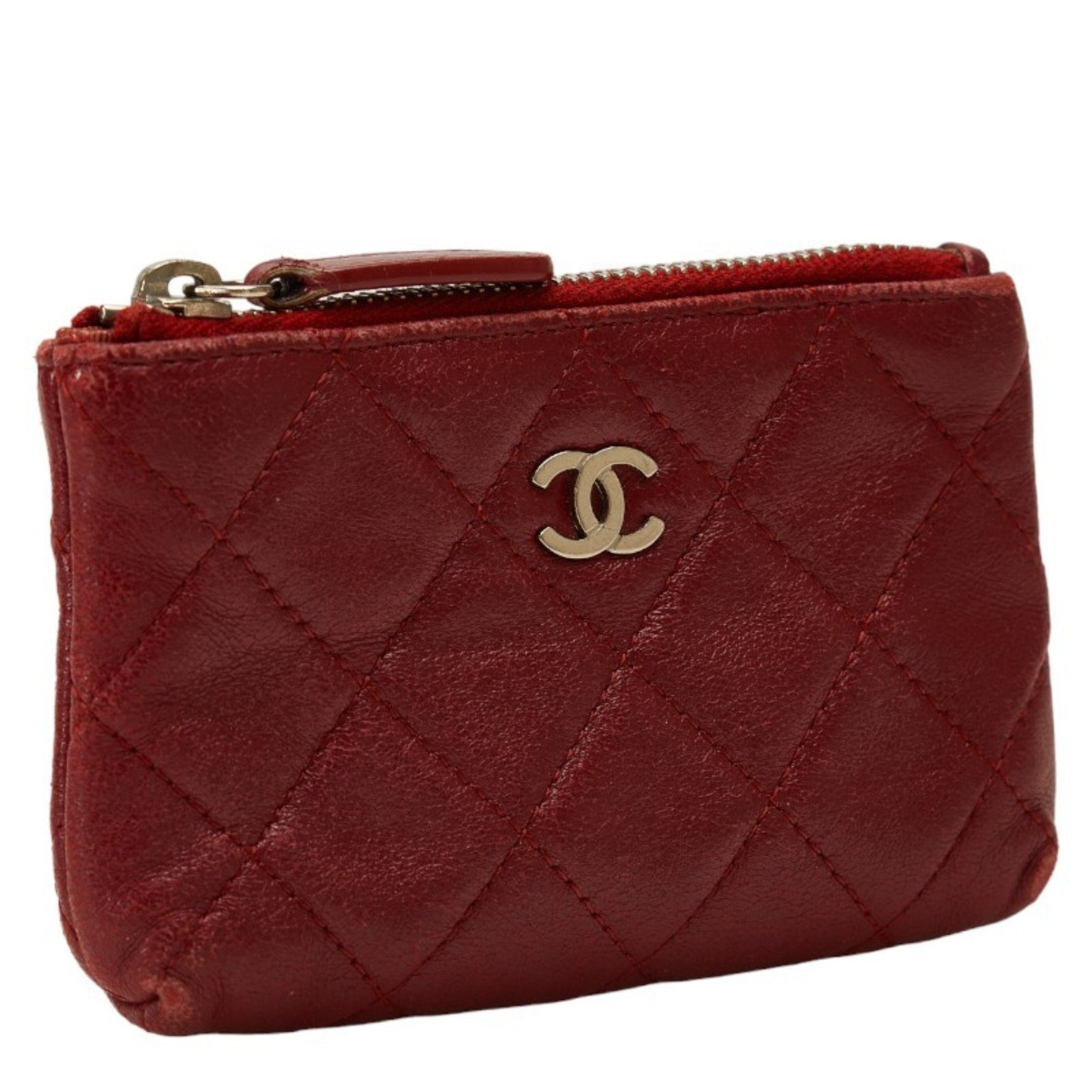 CHANEL Matelasse Coco Mark Wallet/Coin Case, Red Lambskin Leather