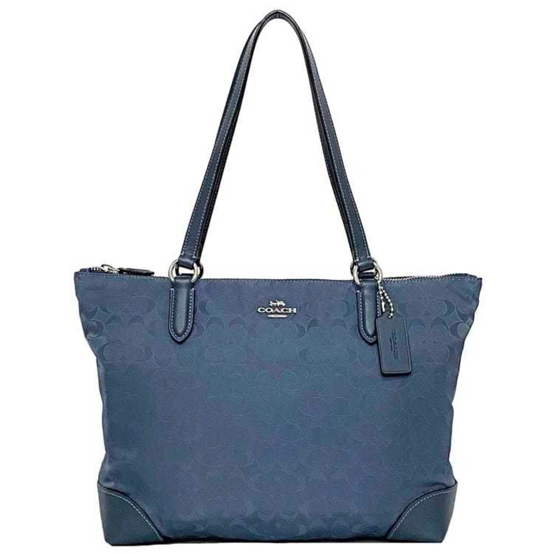 Coach Tote Bag Navy Gray Signature Nylon Leather Blue