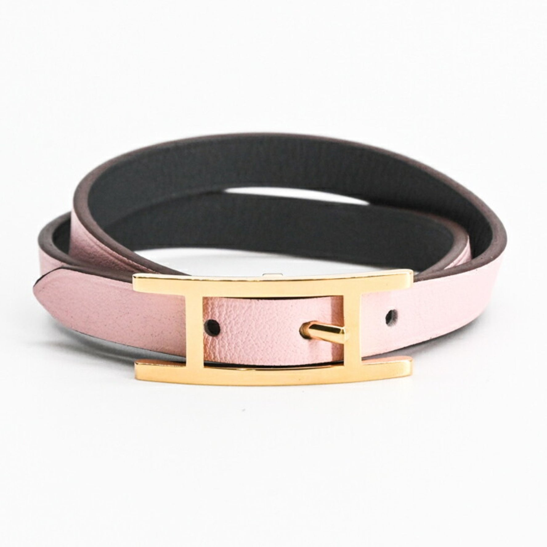 HERMES B-API Double Tour Leather Bracelet in Swift Leather, Reversible, Rose and Sakura Grey