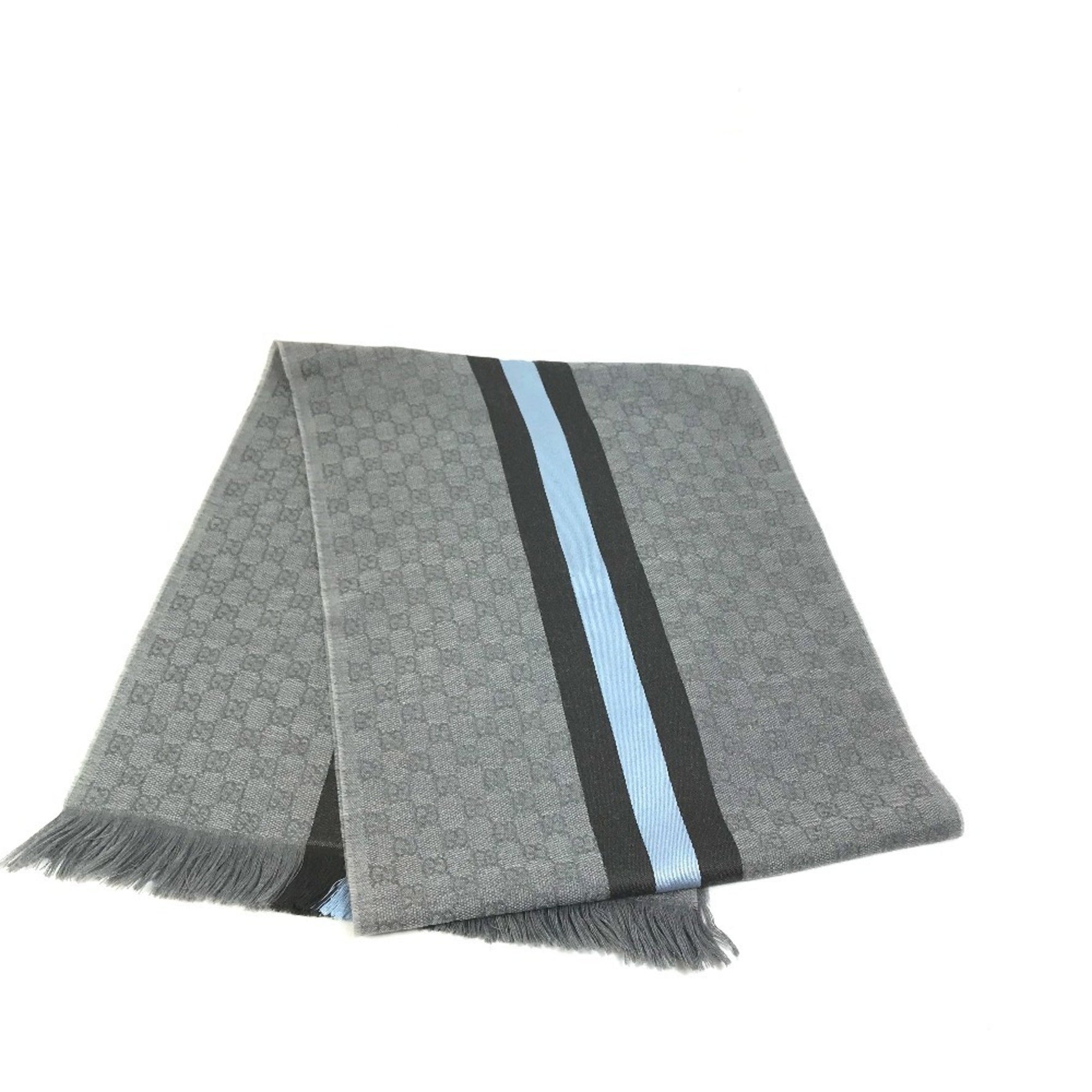 GUCCI GG Fringe Scarf, Wool/Silk, Gray, Blue, and Black