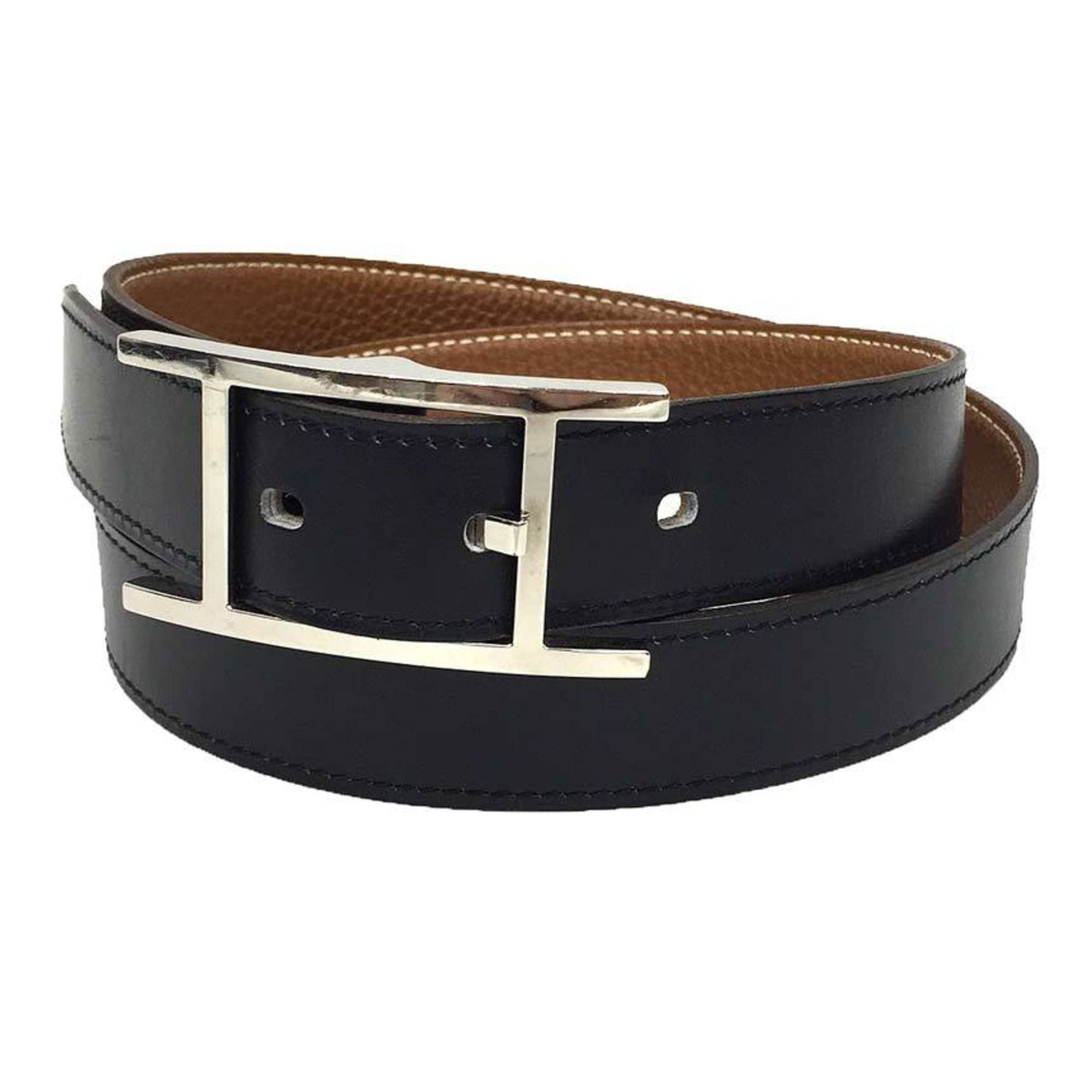 Hermes Hermès Easy Belt, Size 85, □I Stamp, Reversible Leather, Black/Camel Brown, H Buckle, Silver Box Leather