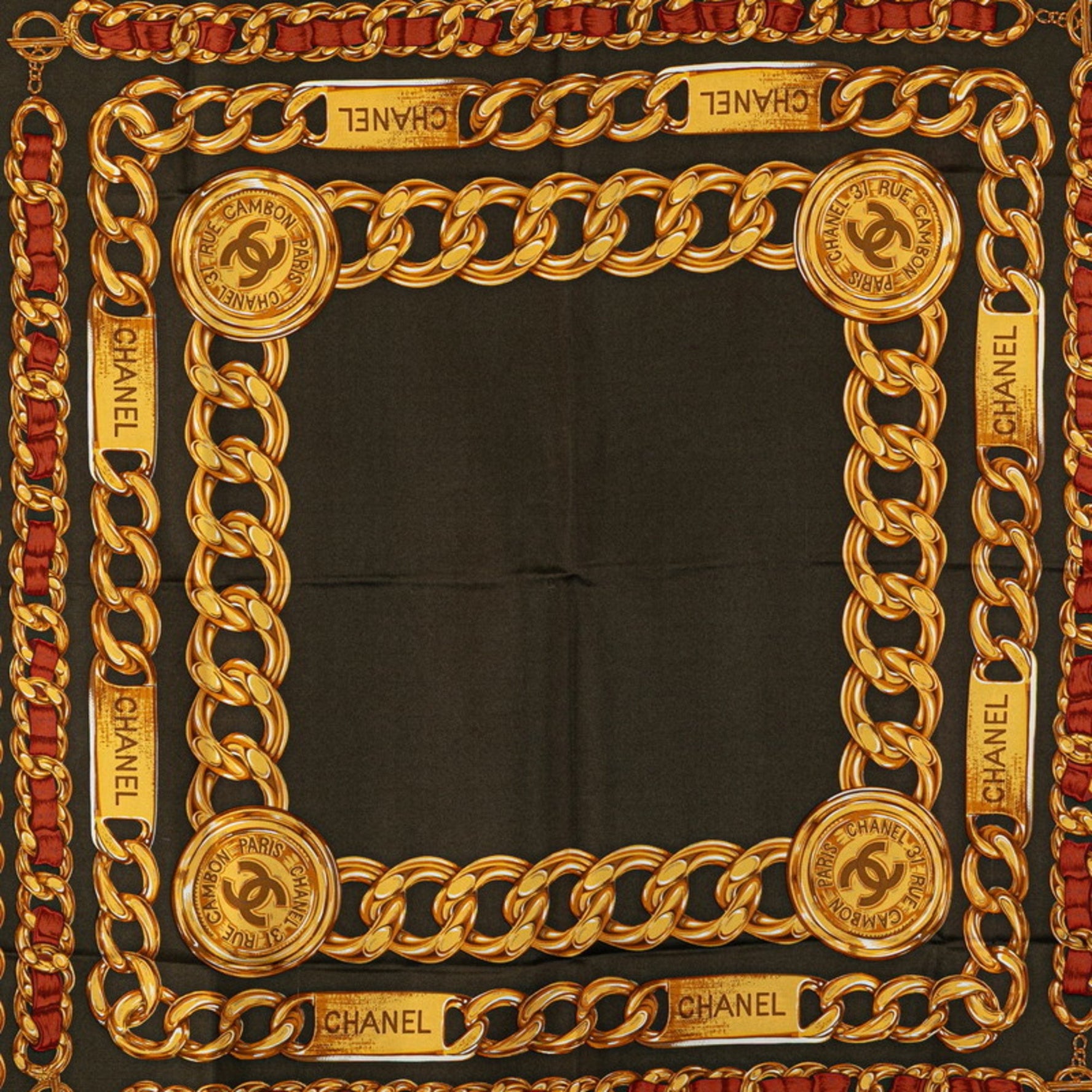 Chanel Chain Motif Scarf, Khaki, Gold, Multicolor, Silk