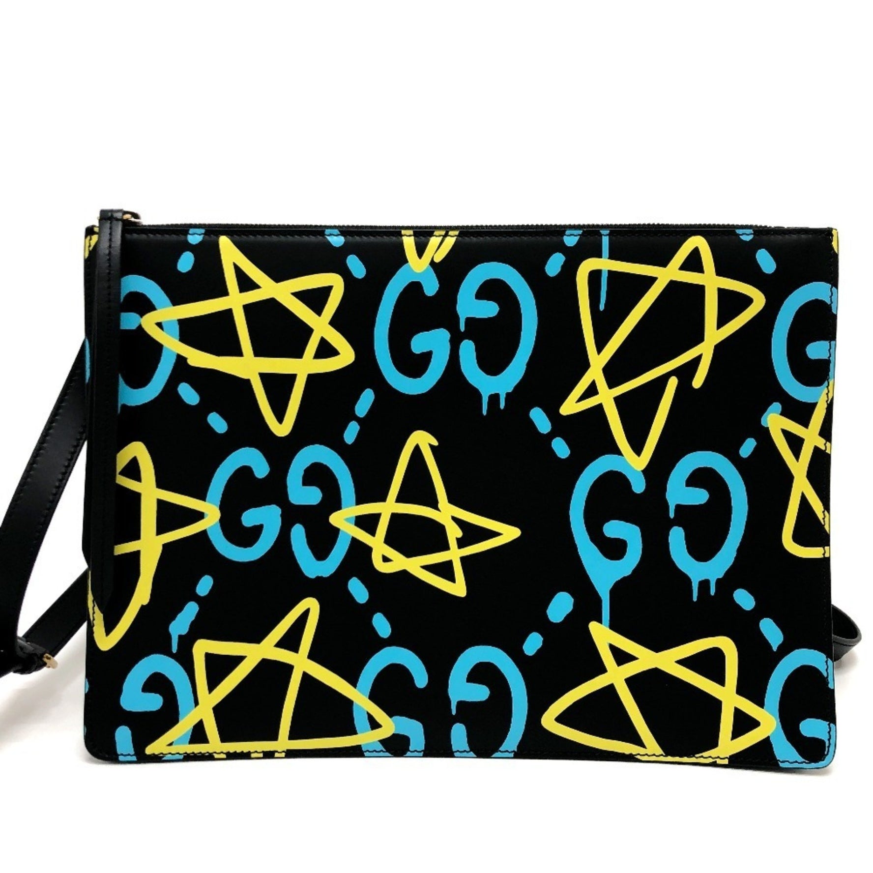 GUCCI Ghost Clutch Bag Shoulder Leather Black