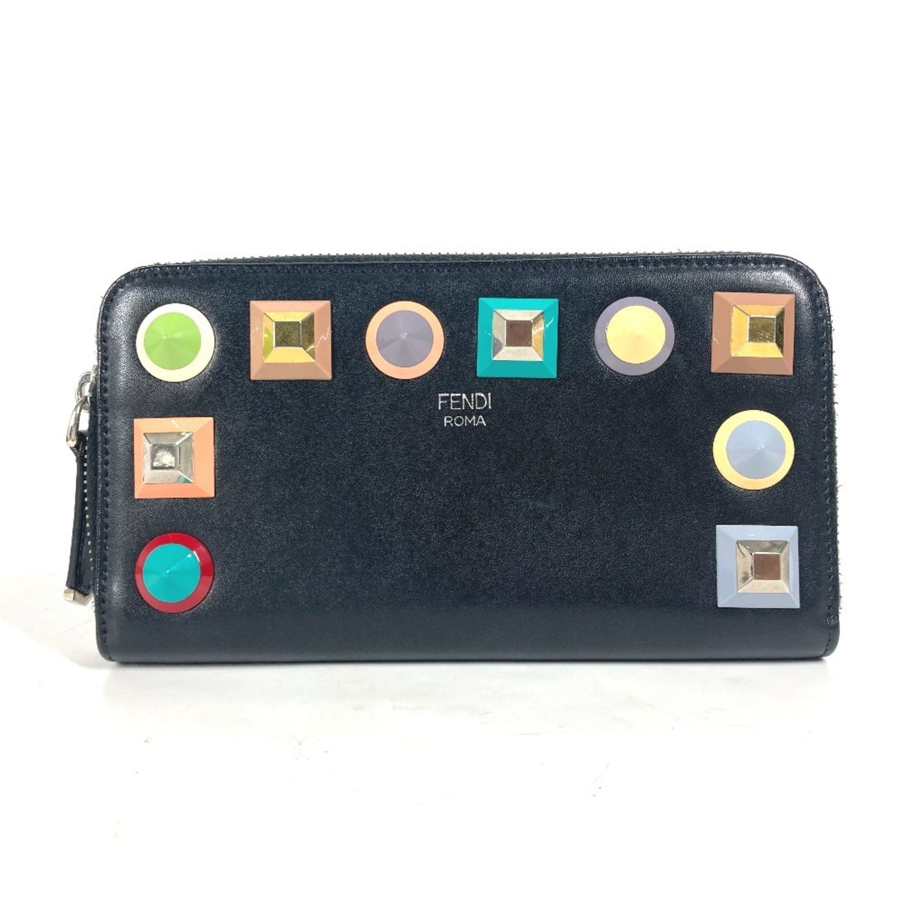 FENDI Long Wallet Studs Round Leather Men's Black