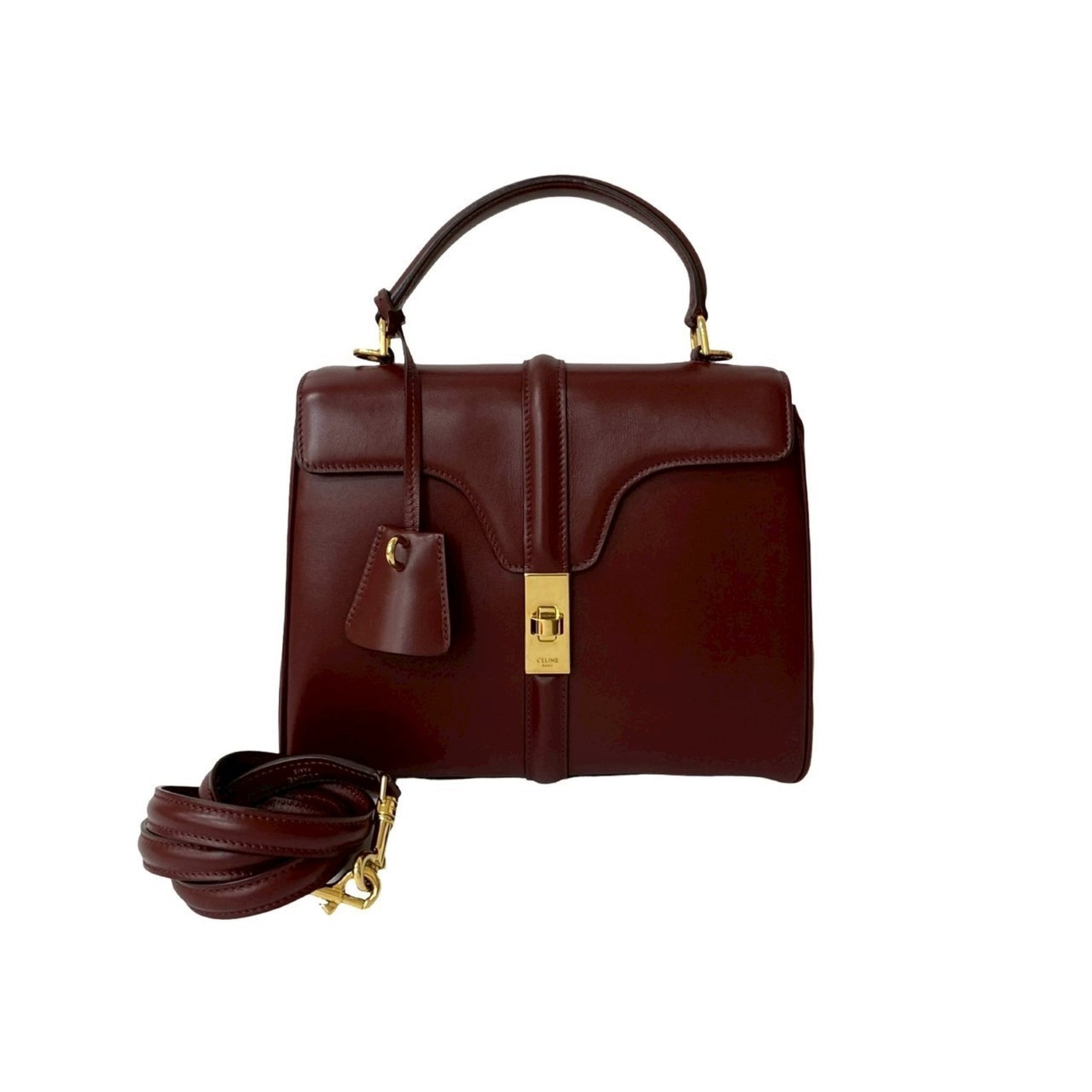 CELINE 16 Seize Small Logo Turnlock Hardware Leather Handbag/Shoulder Bag Bordeaux