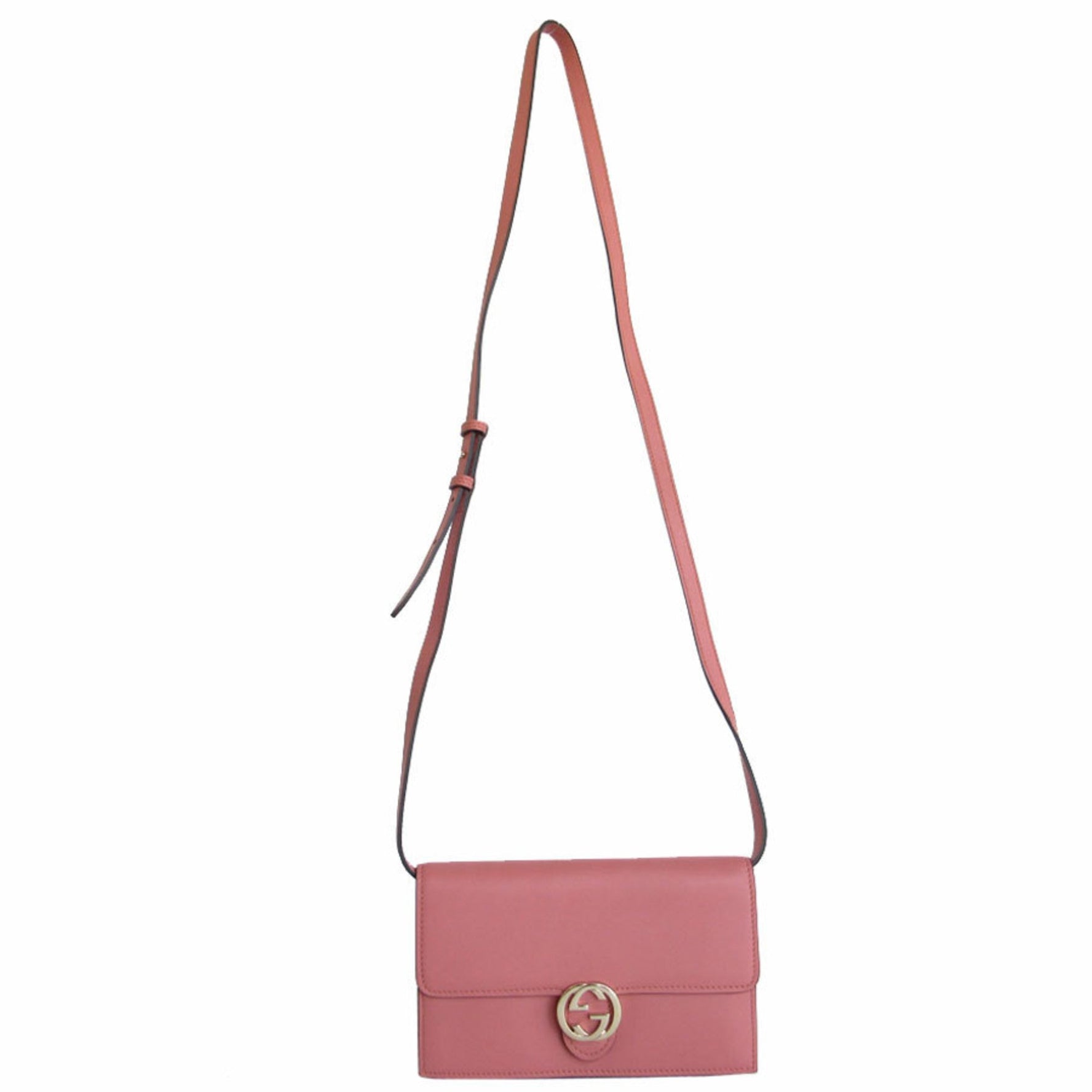 GUCCI Shoulder Bag Wallet Interlocking G Leather Pink Beige Light Gold