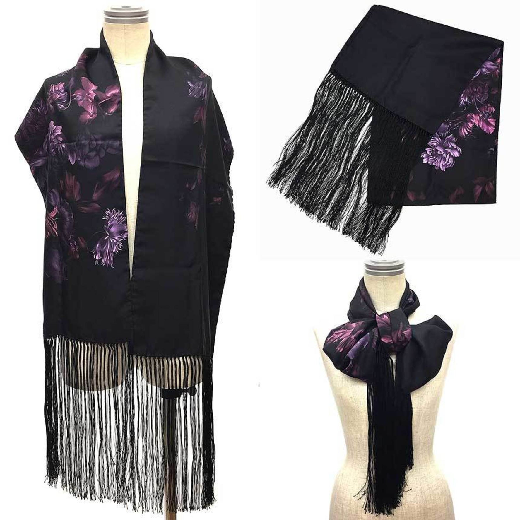 GUCCI Silk Stole Black x Purple Flower Scarf Muffler