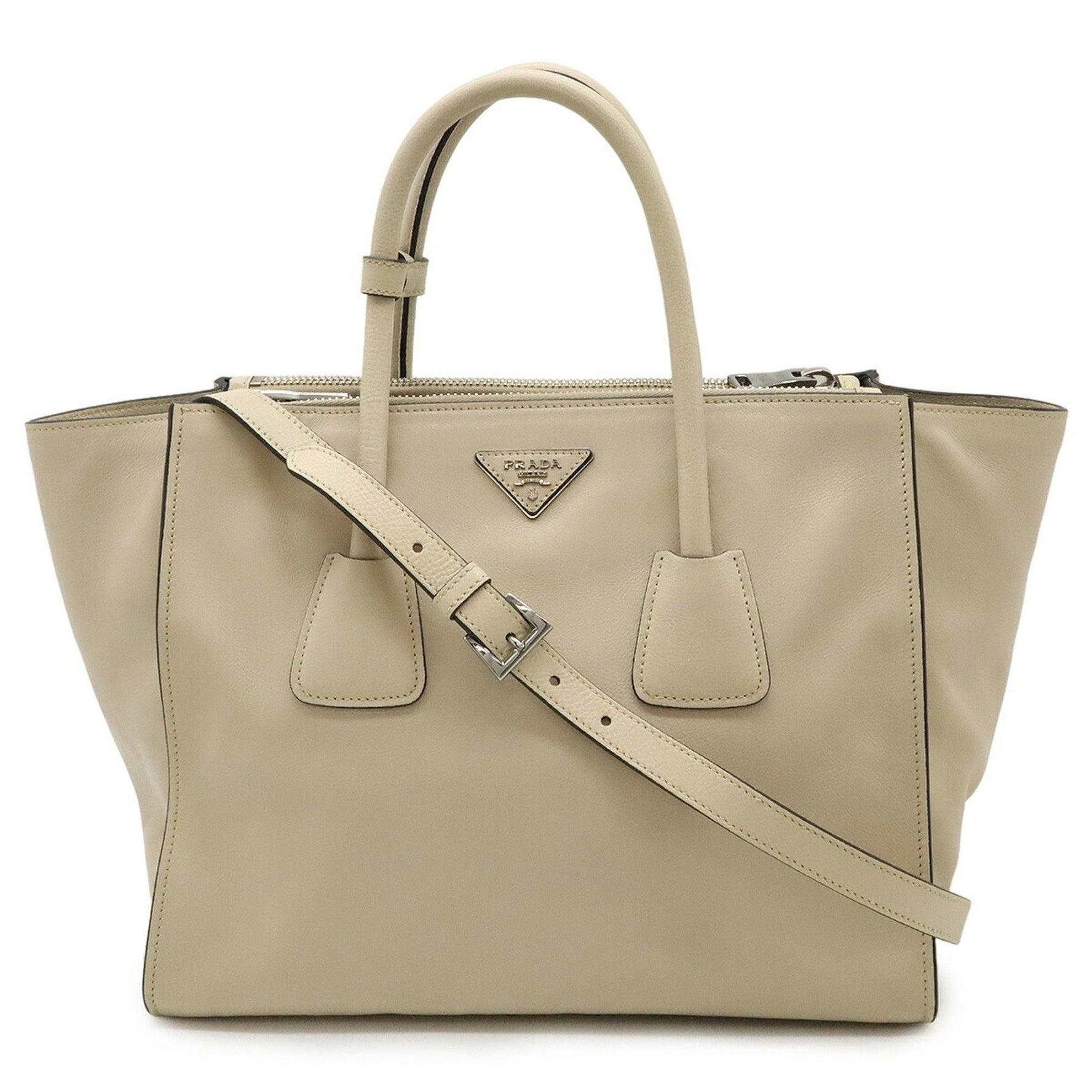 PRADA Triangle Handbag Tote Bag Shoulder Leather Light Beige