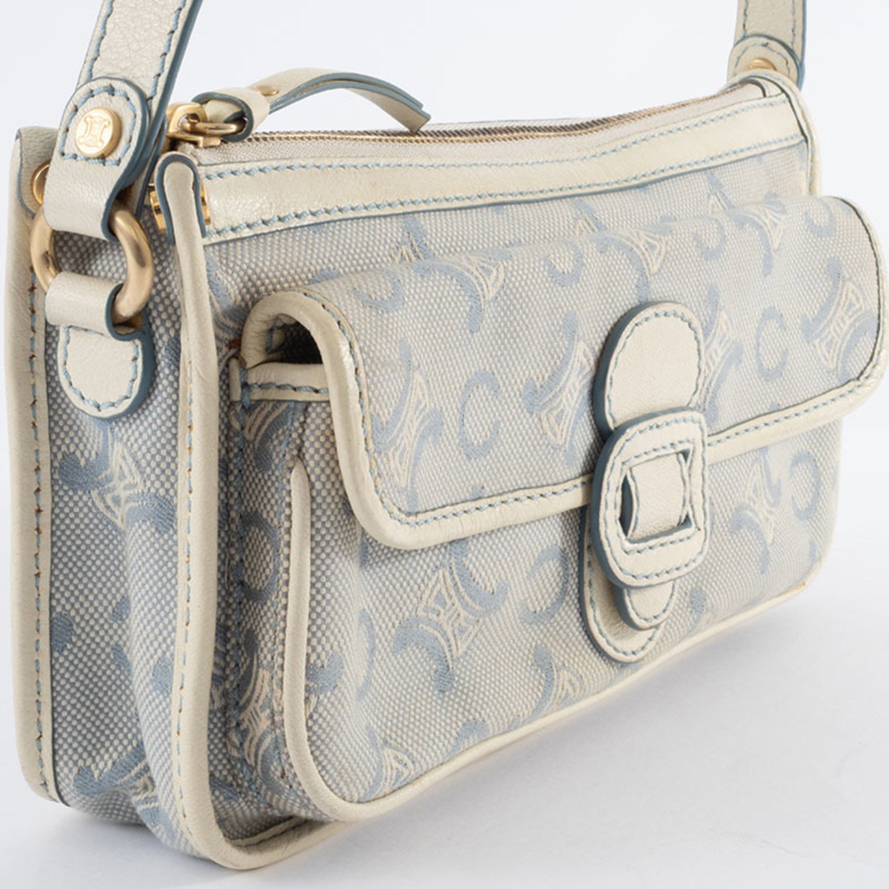 Celine C Macadam Shoulder Bag Canvas Leather White Blue Handbag