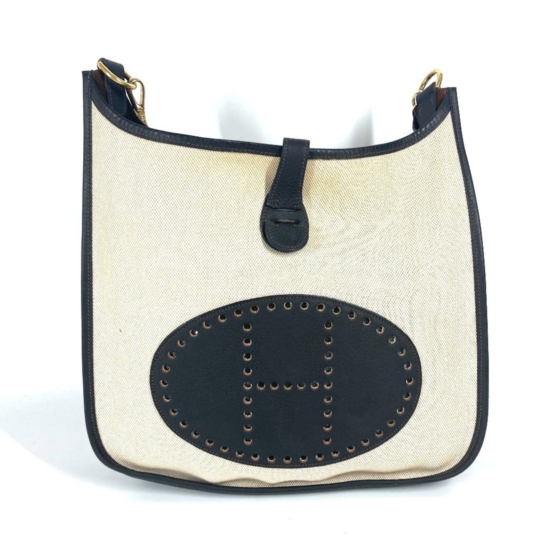 HERMES Evelyn 1 GM Crossbody Shoulder Bag in Leather and Canvas, Brown, Women