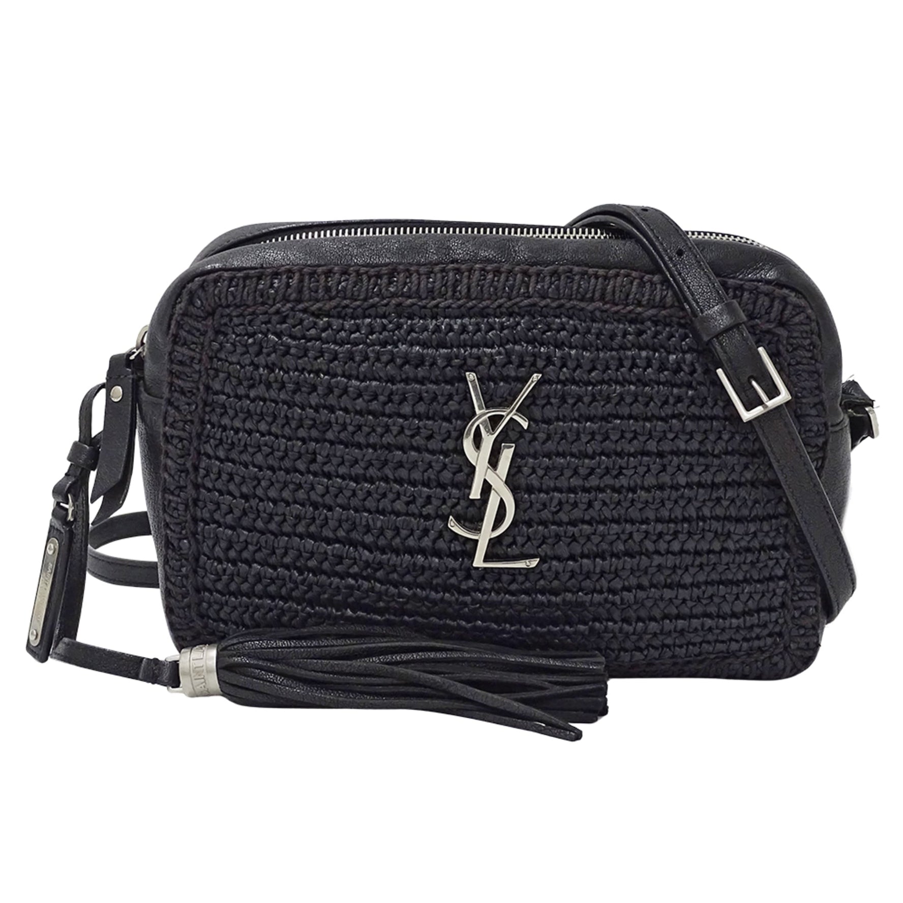 Saint Laurent brand shoulder bag, Lou camera raffia and leather in with tassels fringe. This mini bag can be worn crossbody.
